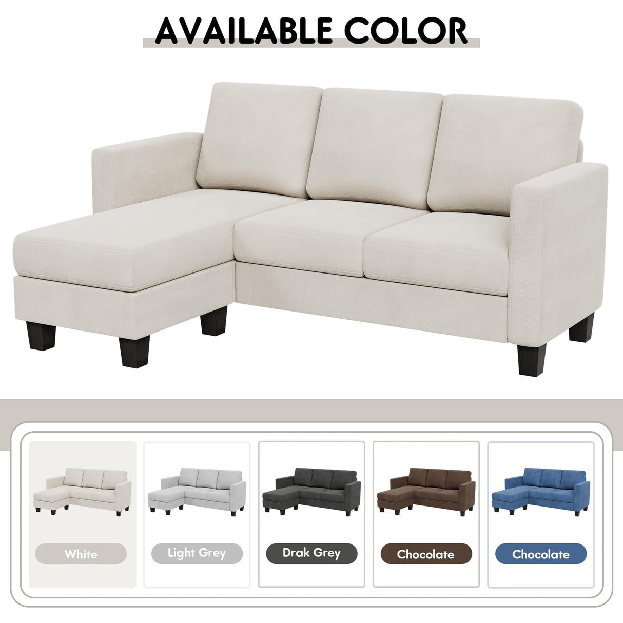 YESHOMY Convertible Sectional 3 L-Shaped Couch Soft Seat with Modern Linen Fabric, Small Space Sofas for Living Room, Apartment and Office, 70'', White YESHOMY