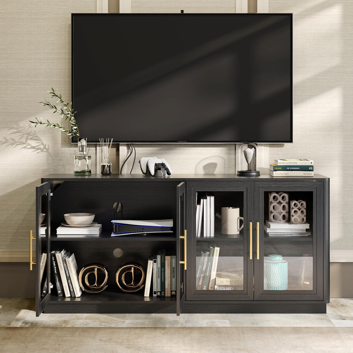 NEWOWNDS Buffet Cabinet with Storage,63" Large Sideboard Buffet Cabinet,Modern Sideboard Kitchen Cabinet with 4 Transparent Glass Doors,Credenza Coffee Bar Cabinet Buffet Table for Kitchen,Black NEWOWNDS