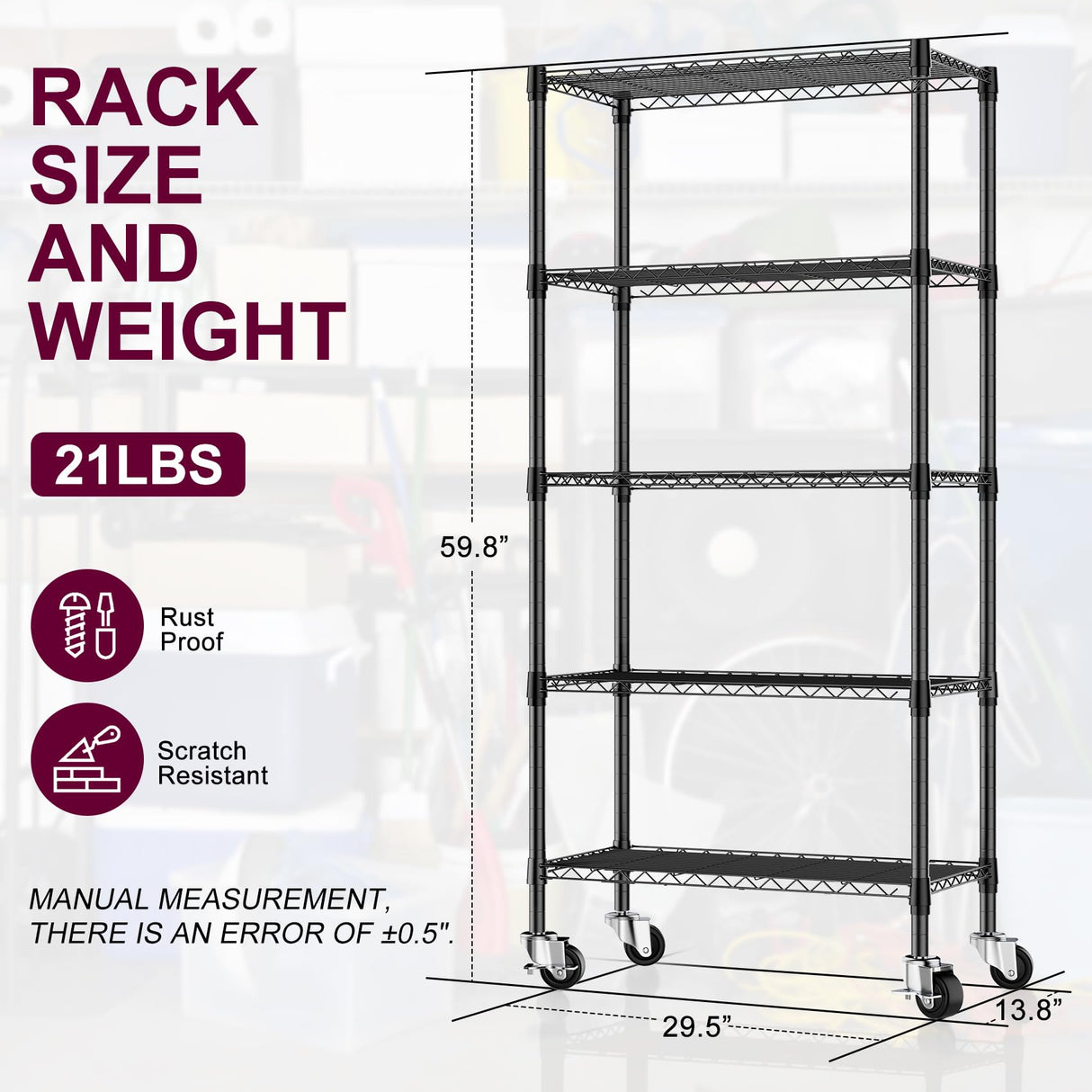 Homtura 2 Pack 5-Tier Metal Wire Shelving Unit with Wheels & Feet, 14" D x 30" W x 60" H,750 lbs Capacity Adjustable Heavy Duty Steel Wire Rack Storage Shelves for Kitchen, Garage, Pantry Homtura