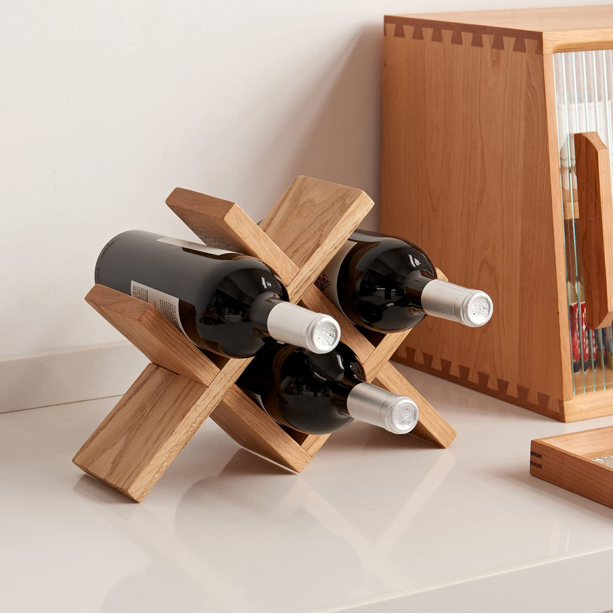 TREOAKWIS Wine Rack Countertop Oak Solid Wood Wine Organizer Rack 4 Bottles Holder for Wine, Drinks, Beer, Suit for Home, Bar, Kitchen,Cellar Basement,Oak TREOAKWIS