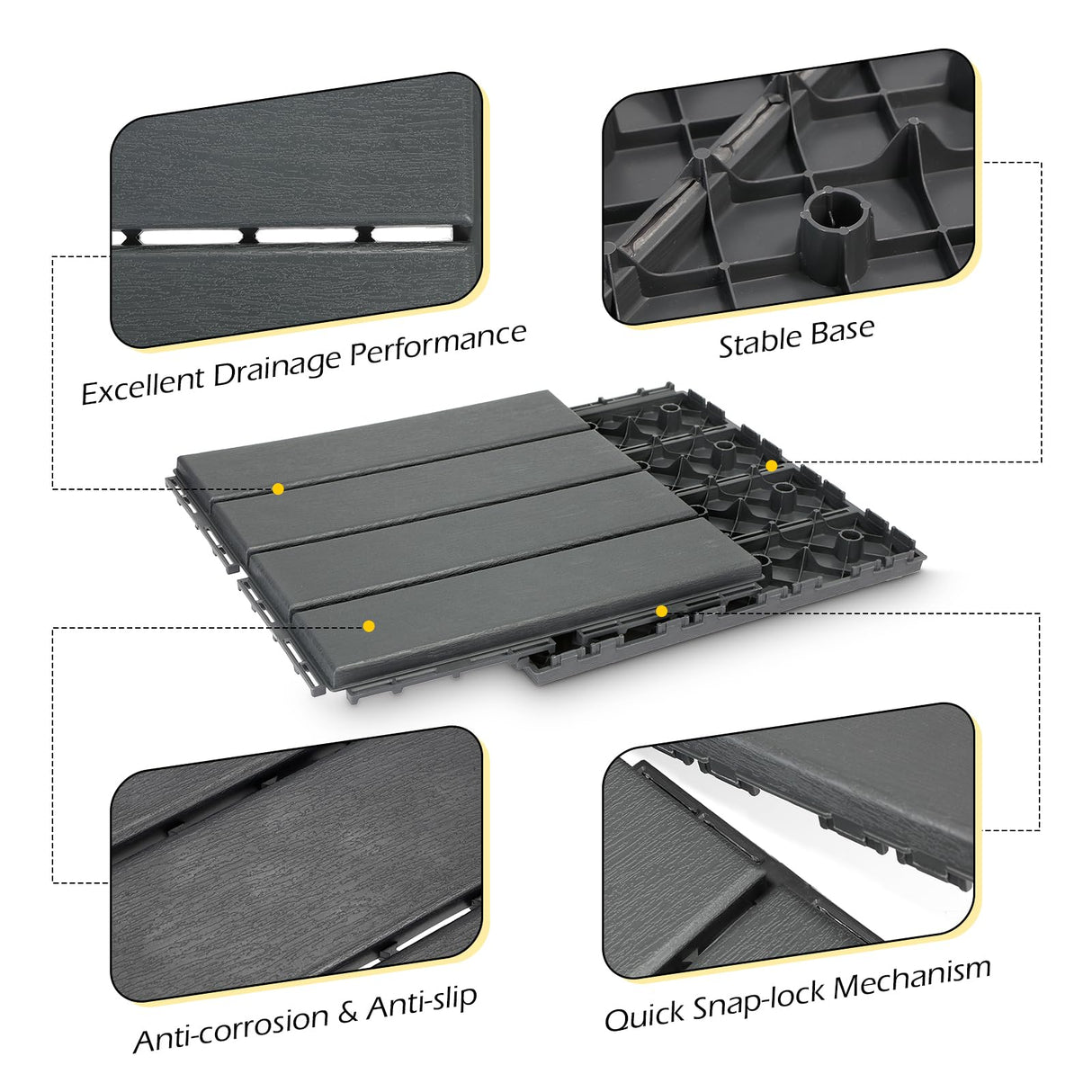 Dyna-Living 60 sq. ft Plastic Interlocking Deck Tiles, 60 Pack, 12"x12" Indoor Outdoor Waterproof Patio Floor Decking Tiles for Balcony, Backyard, Garden & Poolside, All Weather Use, Dark Grey Dyna-Living