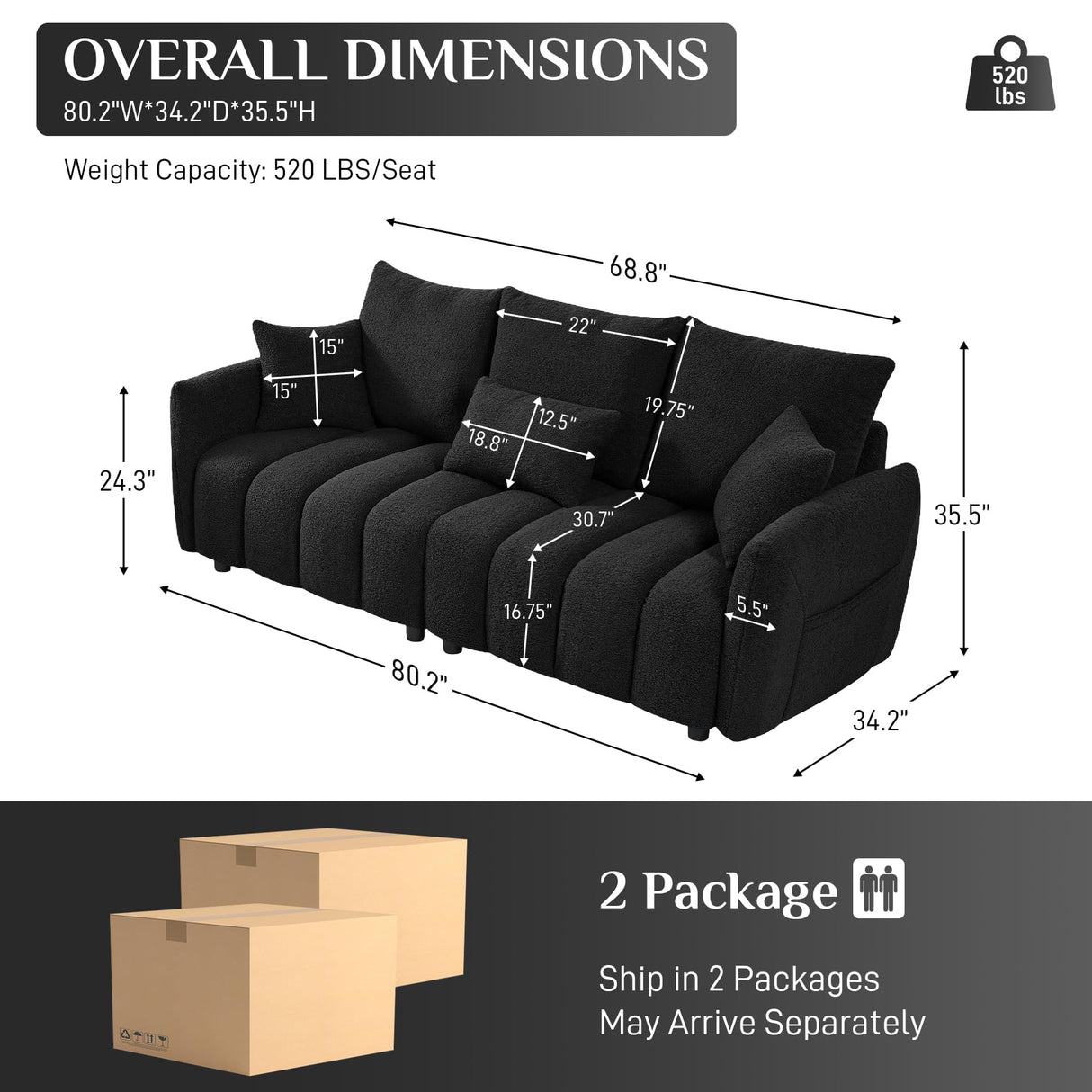 Wrofly Teddy Cloud Sofa Couch, Modern Deep Seat Boucle Sofa, 80.2" Comfy Upholstered Sherpa 3 Seater Couch with 3 Pillows, Oversized Loveseat for Living Room Apartment Office, Black Wrofly