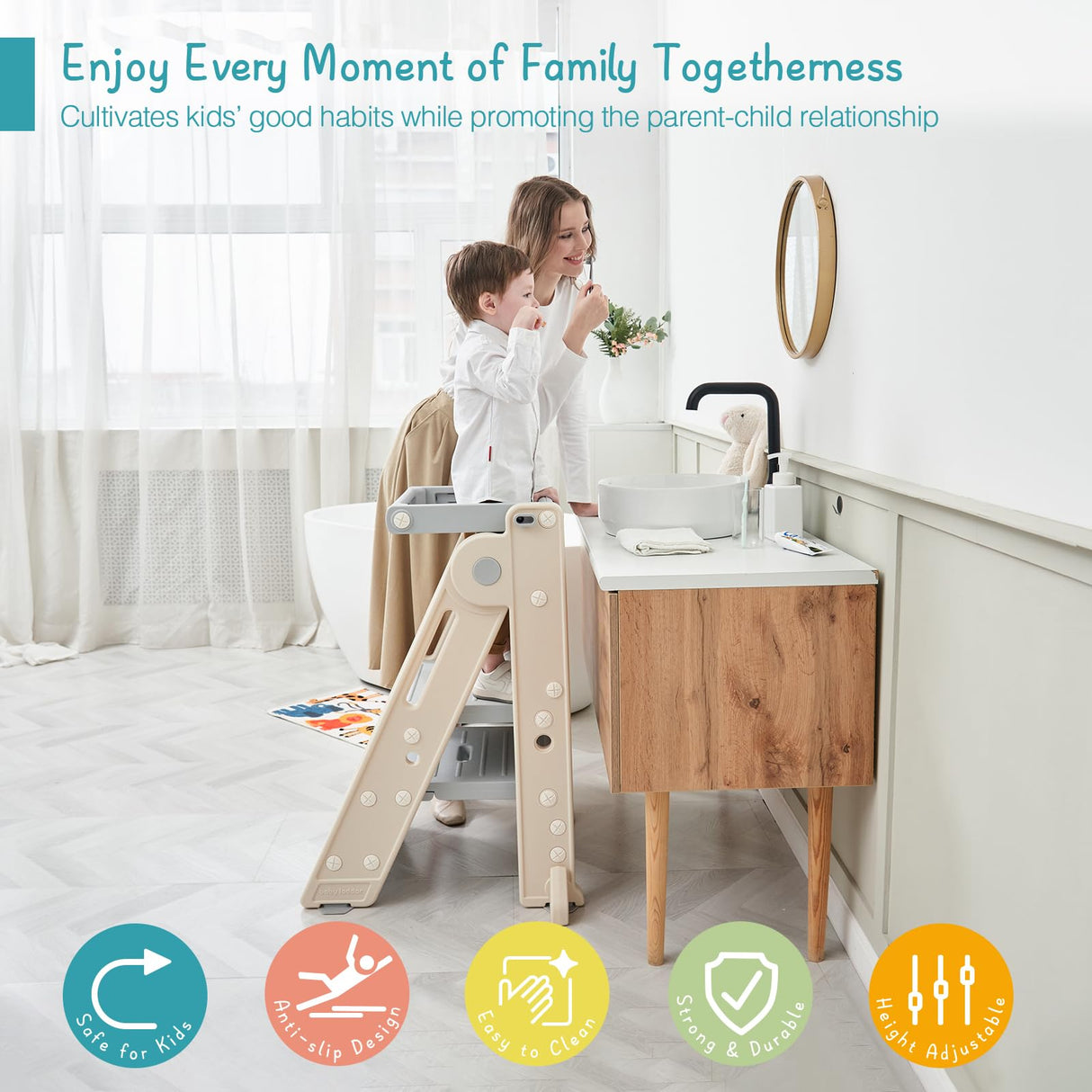 Forbena Foldable Toddler Tower Kitchen Learning Stool Helper, Montessori Kids Standing Tower for Counter, Collapsible Adjustable Baby Child Step Stool with Safety Net for Bathroom Sink (Grey) Forbena