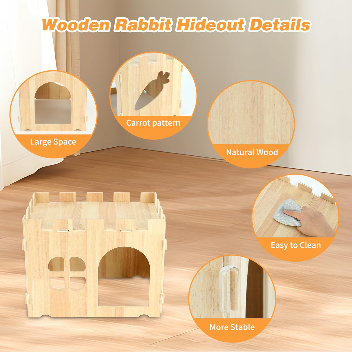 BWOGUE Large Wooden Rabbit House and Hideouts Bunny Castle Detachable Small Animal Play Hideaway Rabbit Hideout Cage Accessories for Indoor Adult Rabbit Guinea Pig Chinchilla Habitat BWOGUE