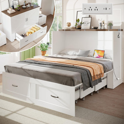 KCGKCG Murphy Bed with Storage & Charging Station, Queen Murphy Cabinet Bed with Large Storage Drawer for Guest Bedroom, Living Room, Office or Small Room, Full Foldable Platform Bed (White, Queen)