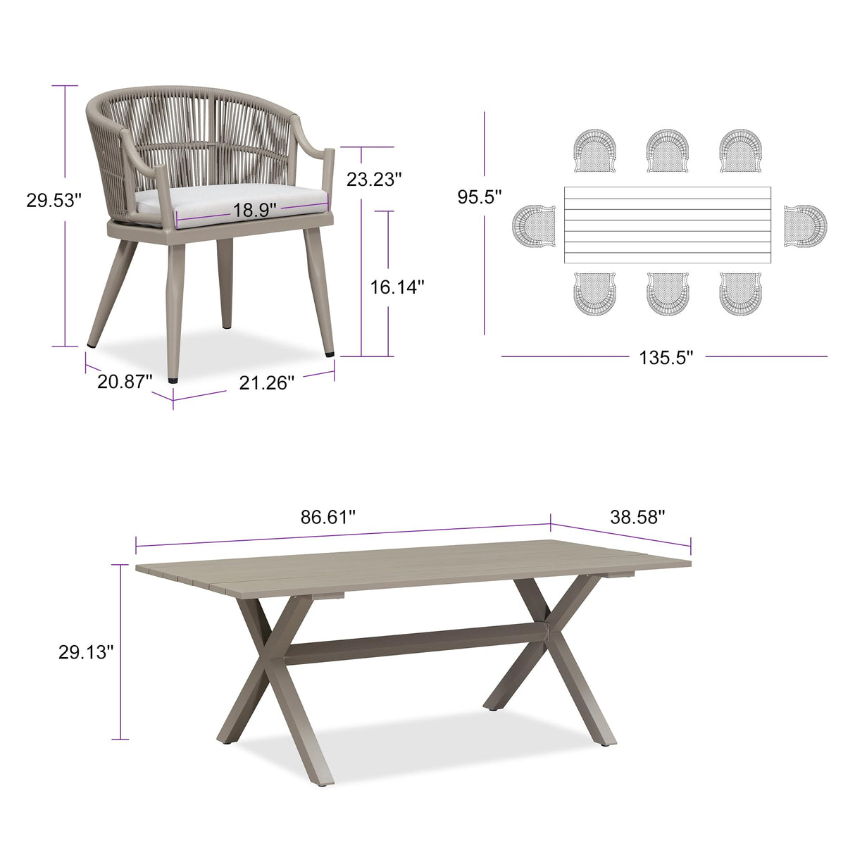 PURPLE LEAF 9 Pieces Outdoor Dining Set All Weather Wicker Patio Dining Set with Rectangular Aluminum Table and Modern Armrest Dining Chairs for Garden Deck Backyard Kitchen, Champagne PURPLE LEAF