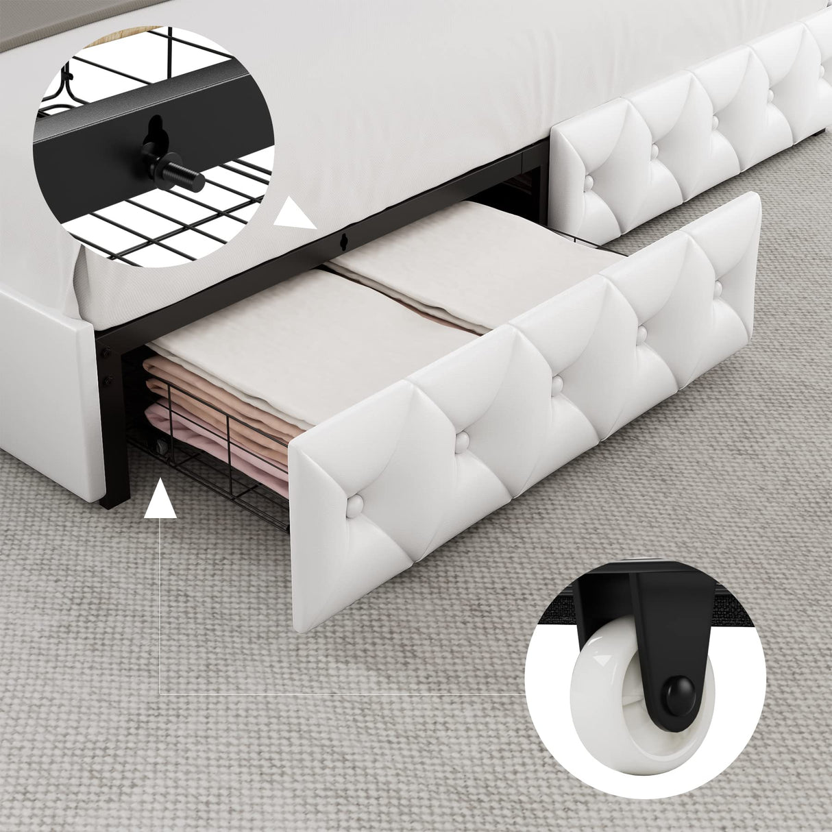 Keyluv King Upholstered LED Bed Frame with 4 Storage Drawers and Adjustable Tufted Headboard in White Keyluv