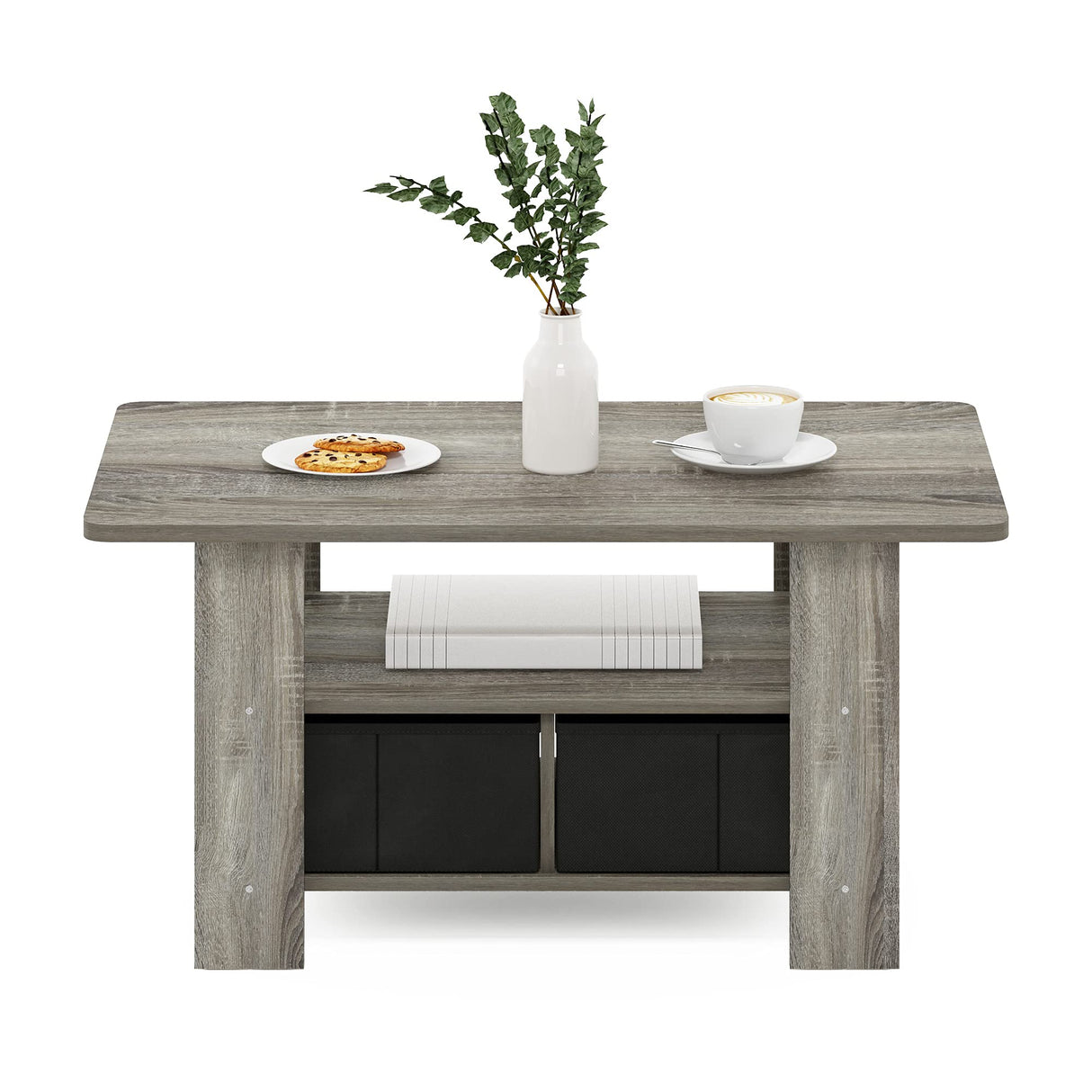 Furinno Andrey Coffee Table with Bin Drawer, French Oak Grey/Black Furinno