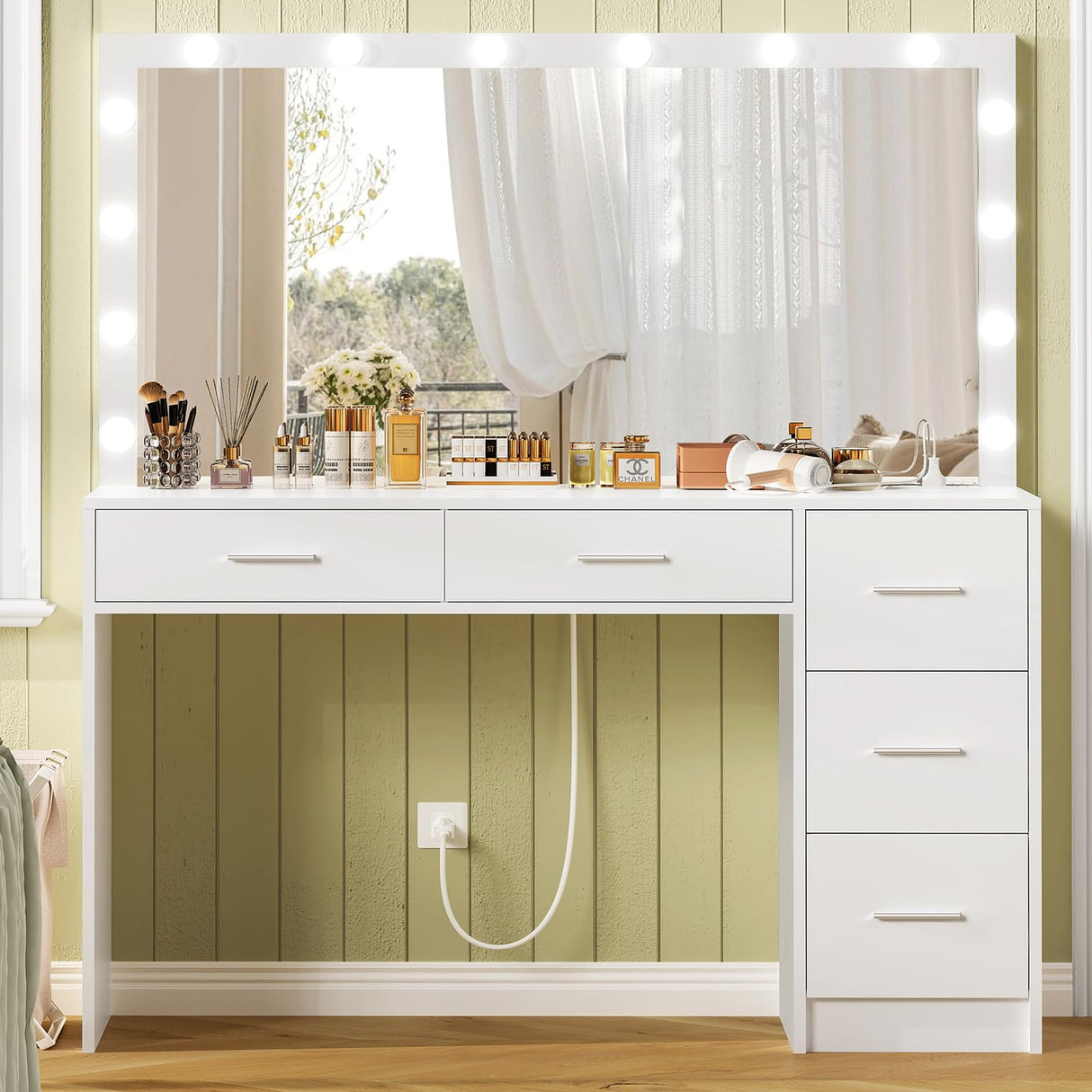 usikey 47.2" Large Vanity Desk with Lighted Mirror, 14 Lights, Makeup Vanity Table with 5 Large Drawers & Charging Station, Makeup Vanity Desk, Vanity Table Set for Bedroom, White usikey