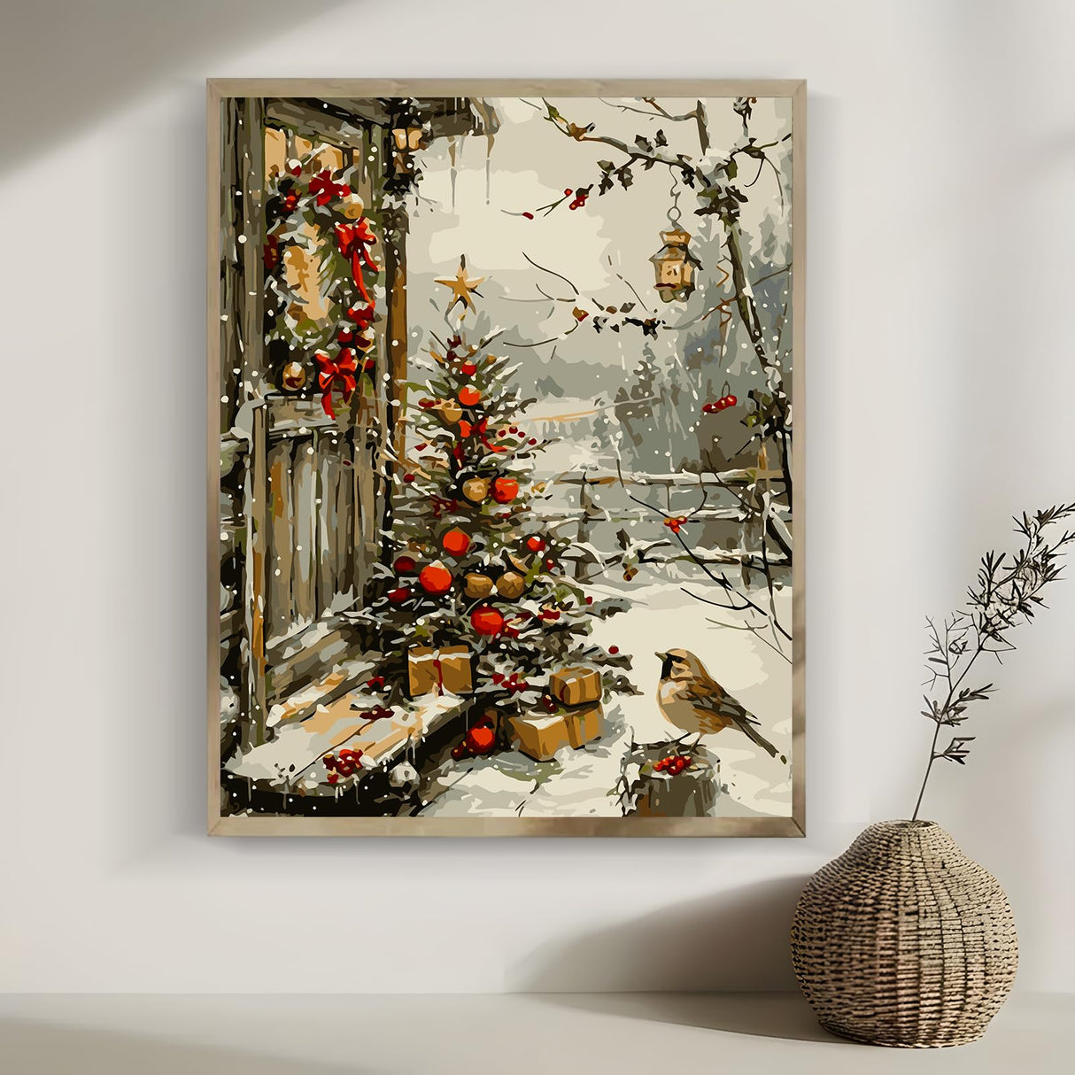 LKHMVCA Christmas Tree House Bird Paint by Numbers for Adults, DIY Winter Paint by Numbers Kits for Adults Beginners Without Frame, Acrylic Paint Canvas Painting Kits Art for Home Decor 16x20 Inch LKHMVCA