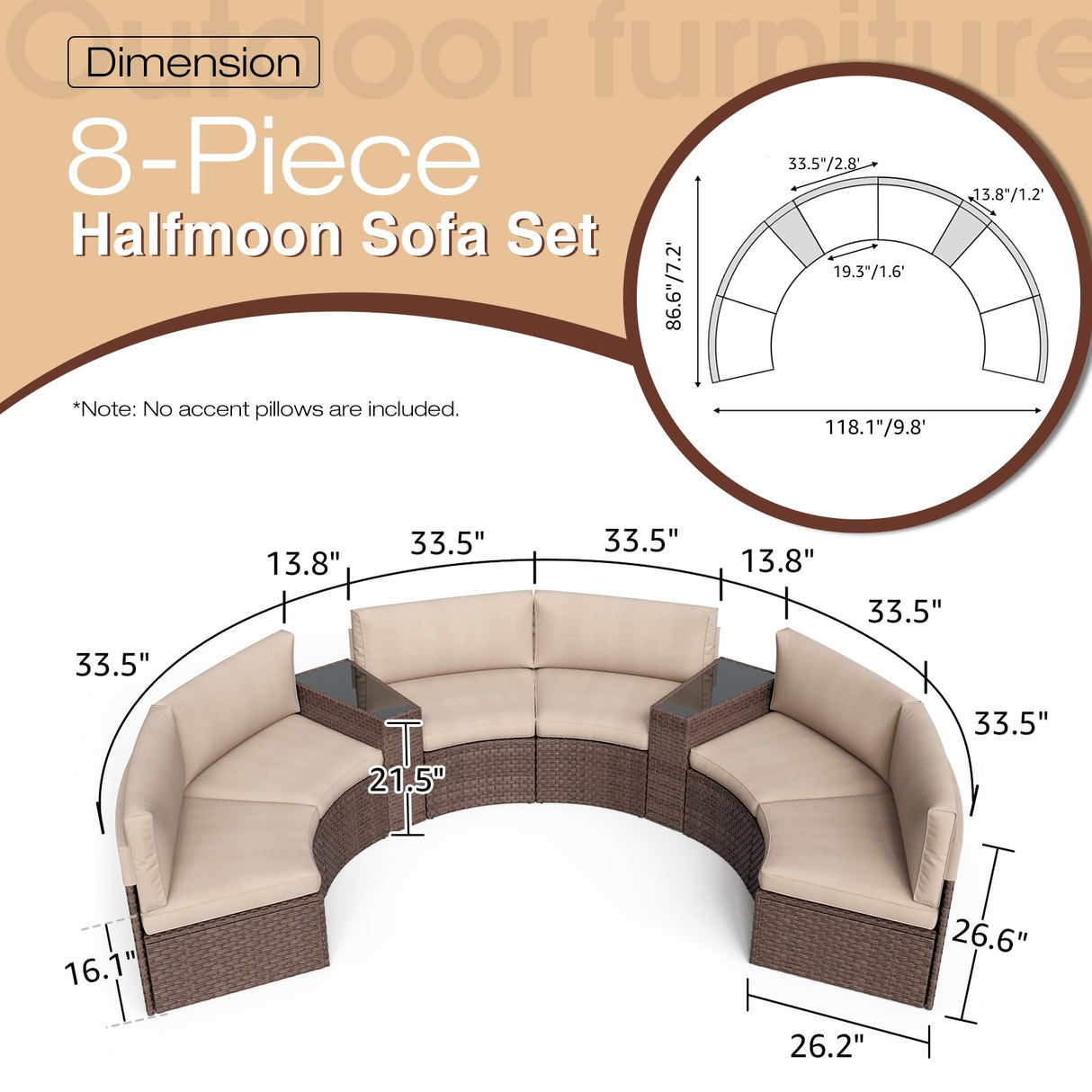 SUNSITT Outdoor Patio 8-Piece Half Moon Curved Furniture Sofa Set Brown Wicker Sectional Sofa Beige Cushions with 2 Side Table SUNSITT