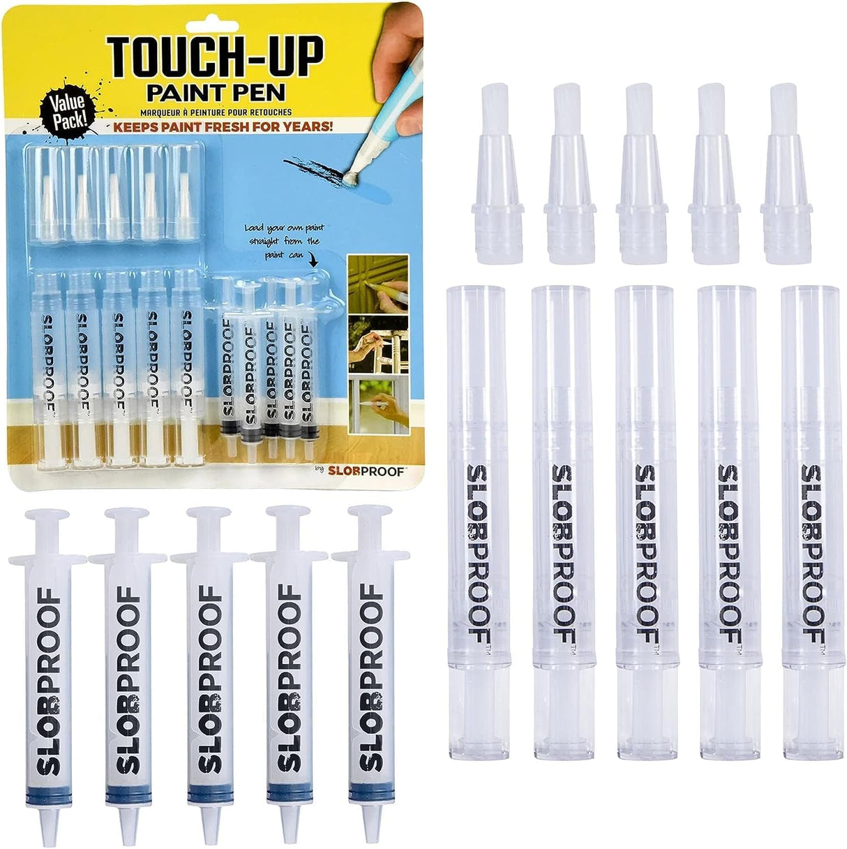 Slobproof Touch-Up Paint Pen - Refillable Paint Brush Pens - Touch-Up Paint Pens for Walls, Window, Wood - Fillable Paint Pens w/ Any Paint Types (Fill with Own Paint for a Precise Match), 5-in-1 Pack Slobproof
