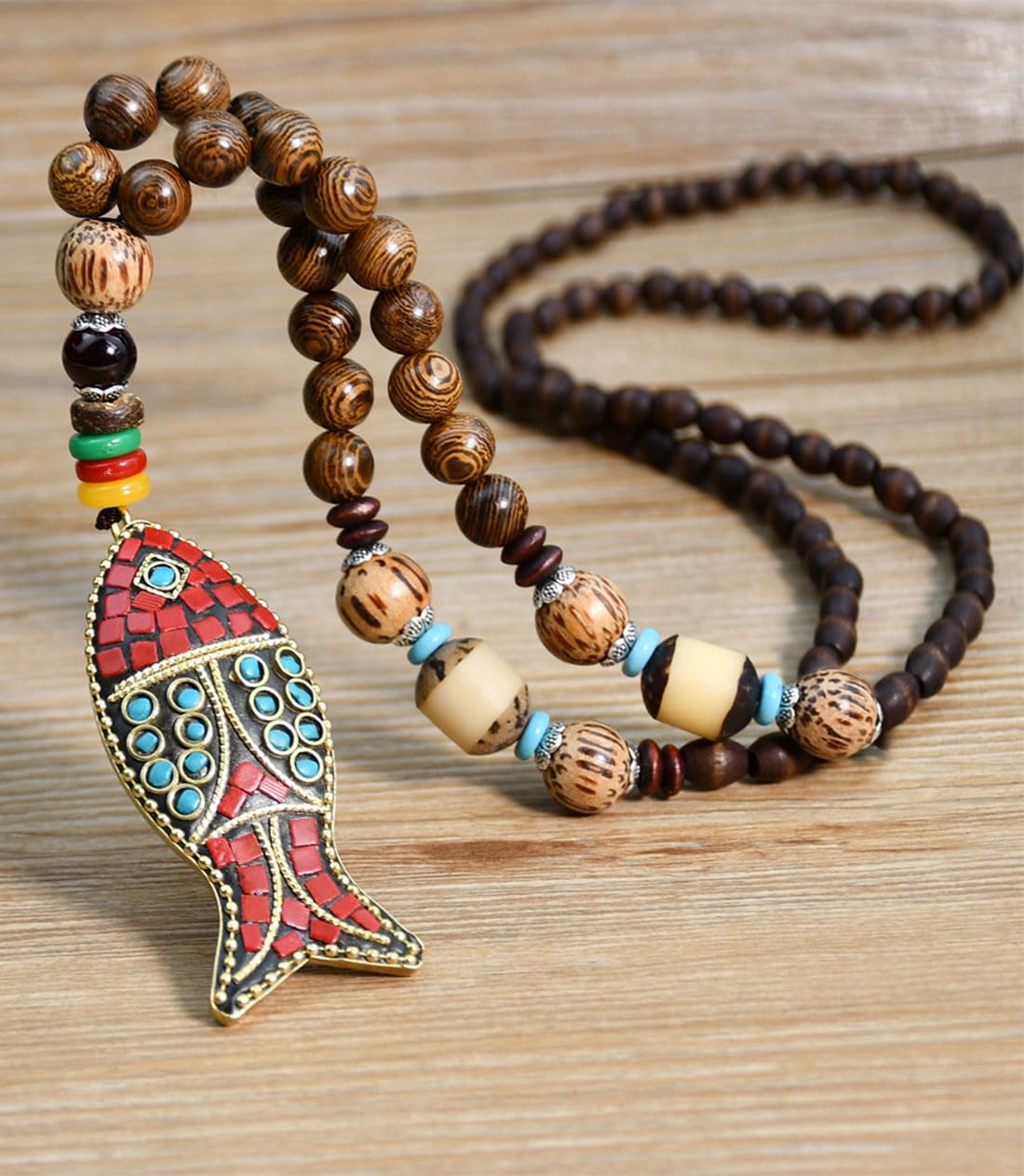 Fish Long Necklace Handmade Turquoise Wood Beads Necklace for Women Fashion Jewelry (Fish pendant) Tanyoyo
