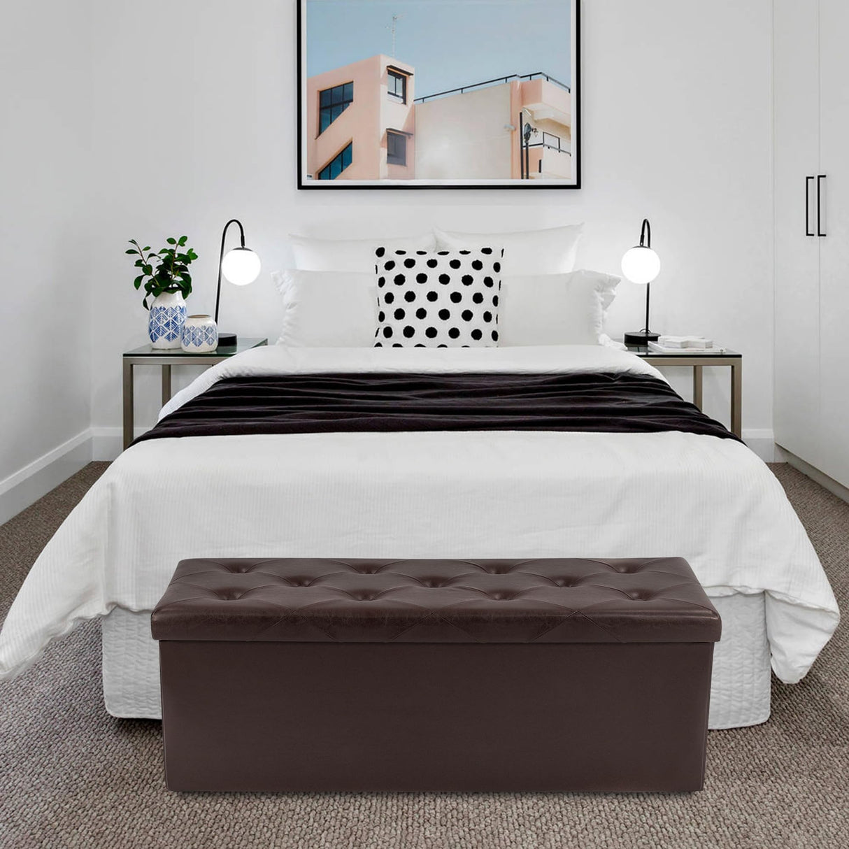 GLAXYFUR Storage Ottoman Bench, 43 Inches Folding Ottoman with 2 Dividers, PU Leather Foot Rest, End of Bed Bench, Storage Chest for Living Room, Bedroom and Entryway, Brown GLAXYFUR