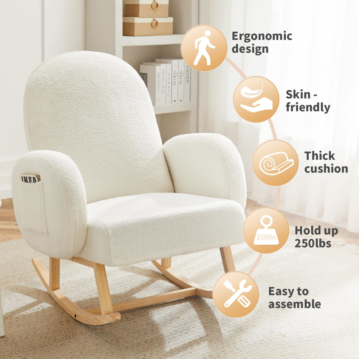 Jocoevol Upholstered Rocking Chair, Glider Chair with Side Pocket, Rocking Accent Chair with Rubber Wood Legs, Wooden Nursery Rocking Chair for Living Room, Bedroom, Nursery Jocoevol