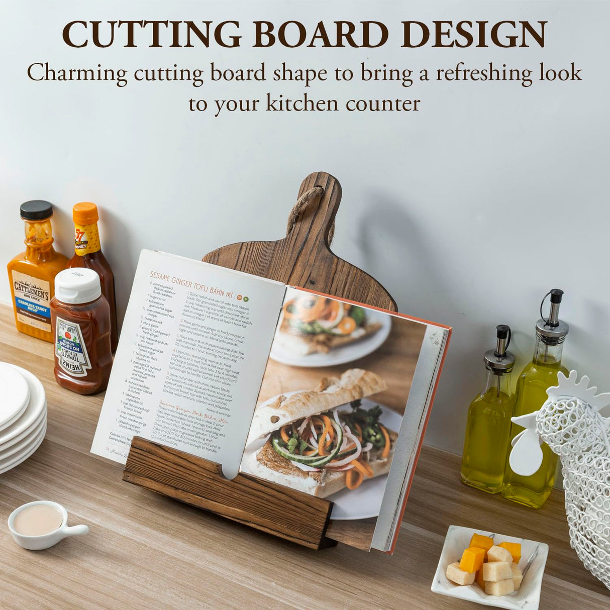 MyGift Cookbook Stand Recipe Book Holder with Brown Wood Cutting Board Design, Cookbook Holder for Countertop Display MyGift