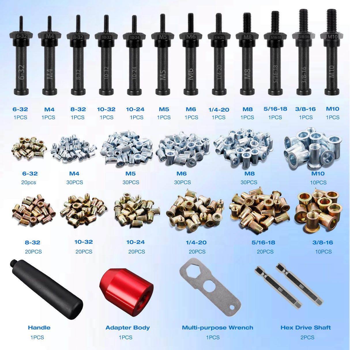 YUZES Rivet Nut Tool Drill Adapter Kit, Labor-Saving Rivet Nut Gun Cordless with 12 Mandrels and 260 PCS Rivet Nuts, Rivnut Tool Kit for Nutsert, Cars, Metalwork, Home Improvement, DIY - 30 Series YUZES