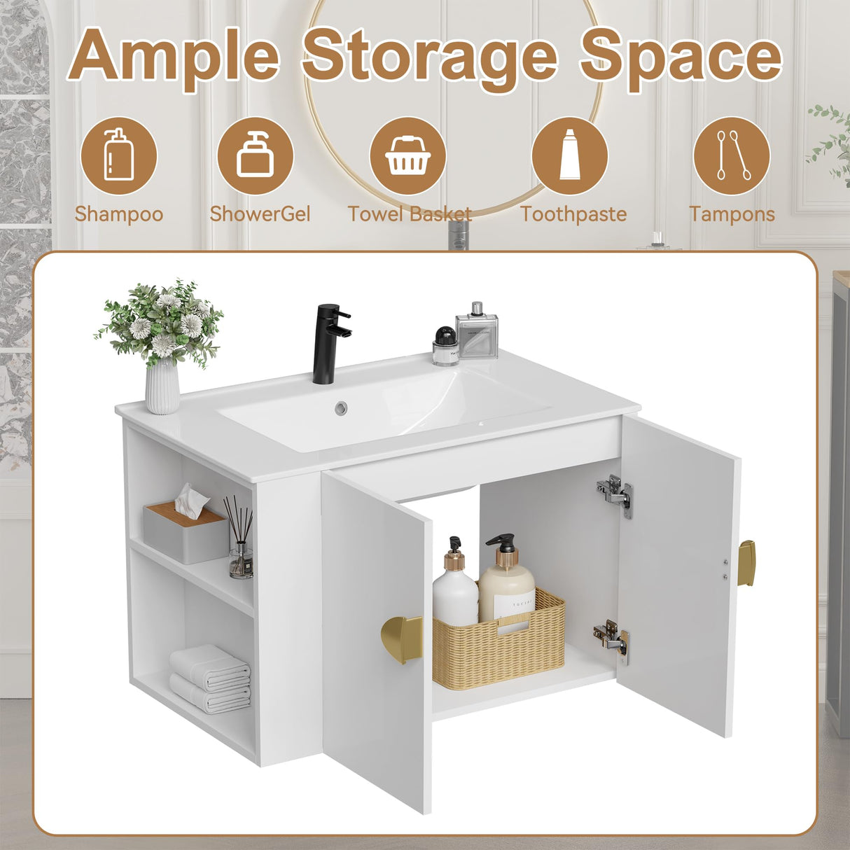 Findepot 30 Inch Floating Vanity Bathroom with Sink, White Bathroom Vanity Cabinet Combo with Ceramics Sink Top, Soft Close Cabinet Door & Open Storage Left Shelf, Modern Wall Mounted Vanity Findepot