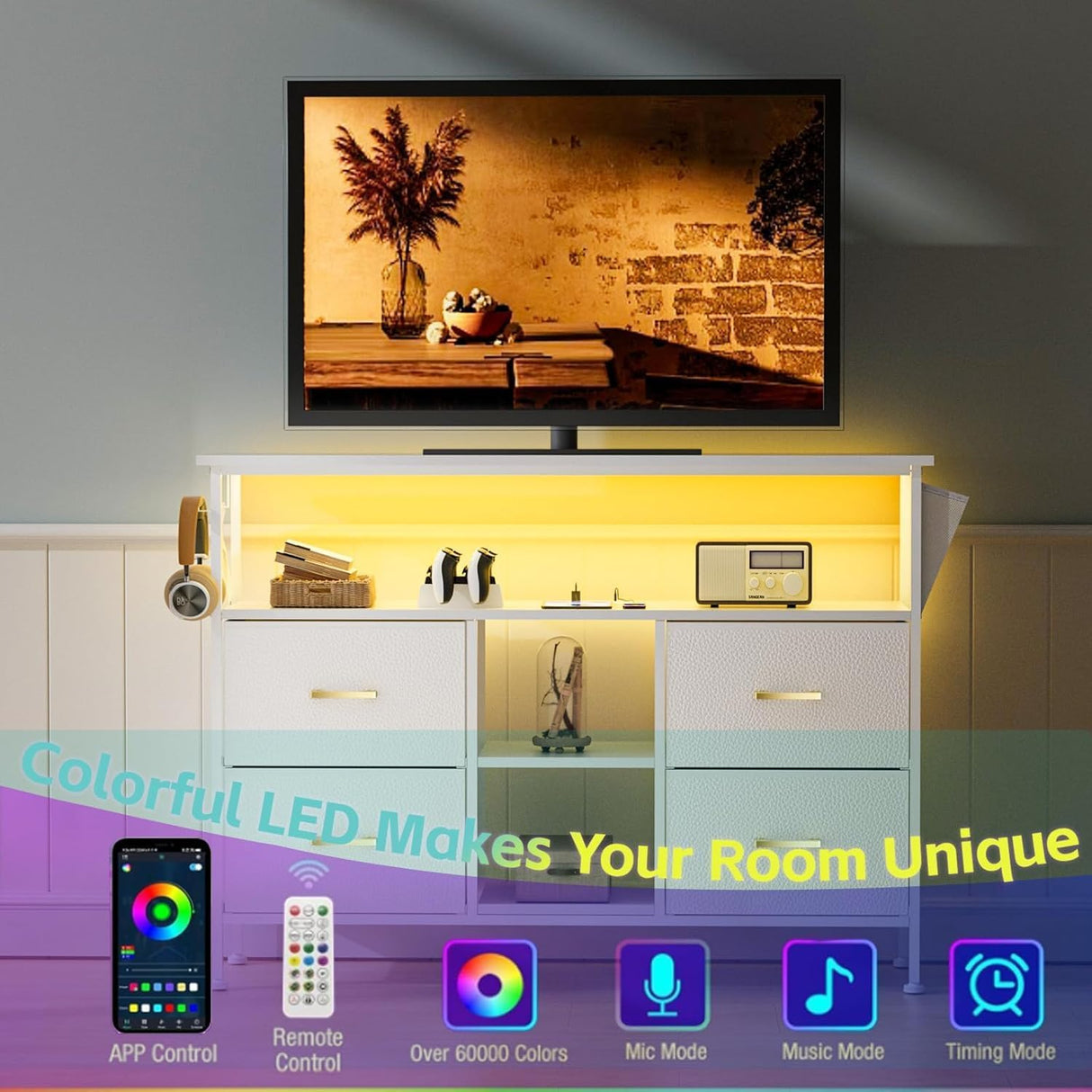 YILQQPER Dresser TV Stand with Power Outlet for 50'' TV, White TV Stand with LED, Storage Cabinet TV Stand, Entertainment Center with 4 Deep Drawers, Wide Chest of Drawer for Storage in Bedroom YILQQPER