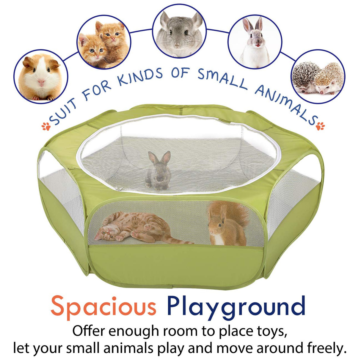 Pawaboo Small Animals Playpen, Waterproof Small Pet Cage Tent with Zippered Cover, Portable Outdoor Yard Fence with 3 Metal Rod for Chick/Kitten/Puppy/Guinea Pig/Rabbits/Hamster/Chinchillas,Green Pawaboo