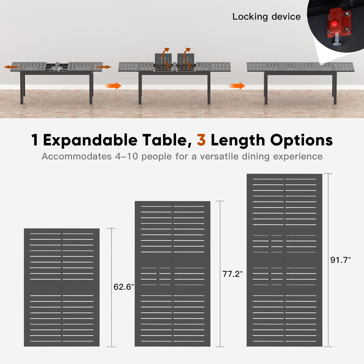 RoyalCraft Patio Expandable Table Dining Set for 4 to 10, Aluminum Outdoor Dining Table, Rectangular Patio Metal Table with Umbrella Hole for Backyard Porch, Deck ? Garden, Easy Assembly, Dark Grey RoyalCraft