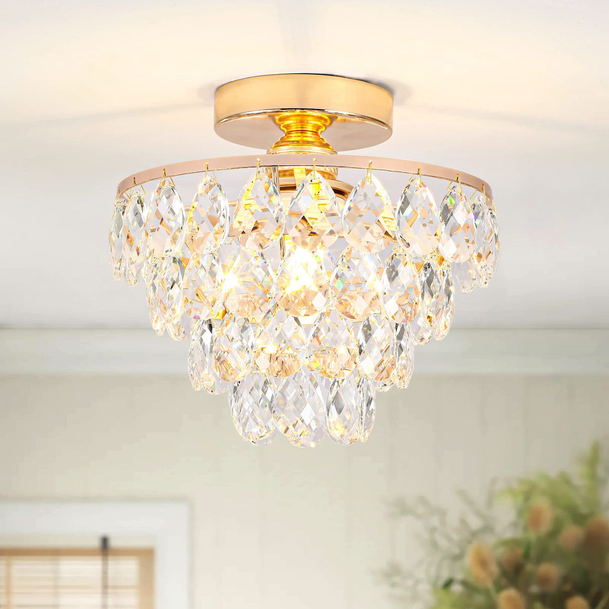 Luupyia Gold Crystal Chandelier Small Modern Chandelier, Mini Ceiling Light Flush Mount Crystal Chandelier Hallway Light Fixtures Ceiling Crystal Light for Hallway Bedroom Hall Living Room Luupyia