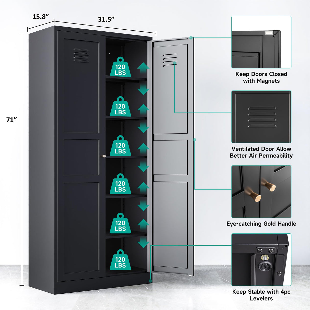 Metal Storage Cabinet with Doors and Shelves,Metal Pantry Cabinet,Black Craft Storage Cabinet,Ventilated Pantry Storage Cabinet,Large Tall Closet Cupboard for Home,Kitchen,Dining/Living/Laundry Room SISESOL