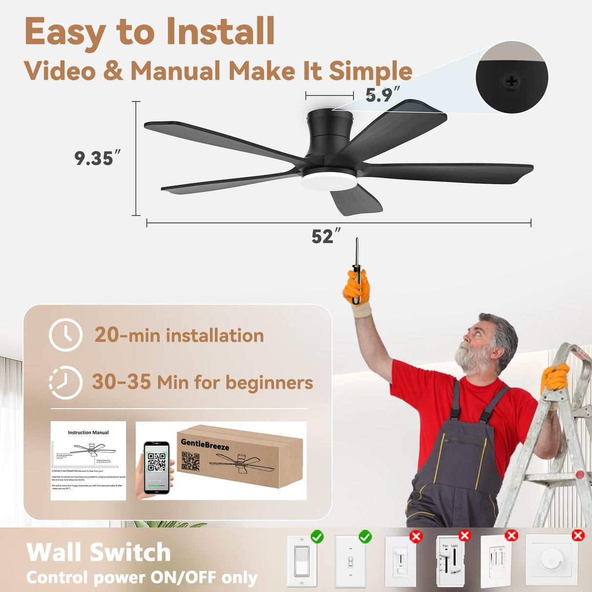 52"Wood Smart Flush Mount Ceiling Fans with Lights Remote,Control via WIFI Alexa Google App,6 Speed,Quiet DC Motor,Modern Black Outdoor Indoor Low Profile Ceiling Fan for Bedroom Patio Porch GentleBreeze