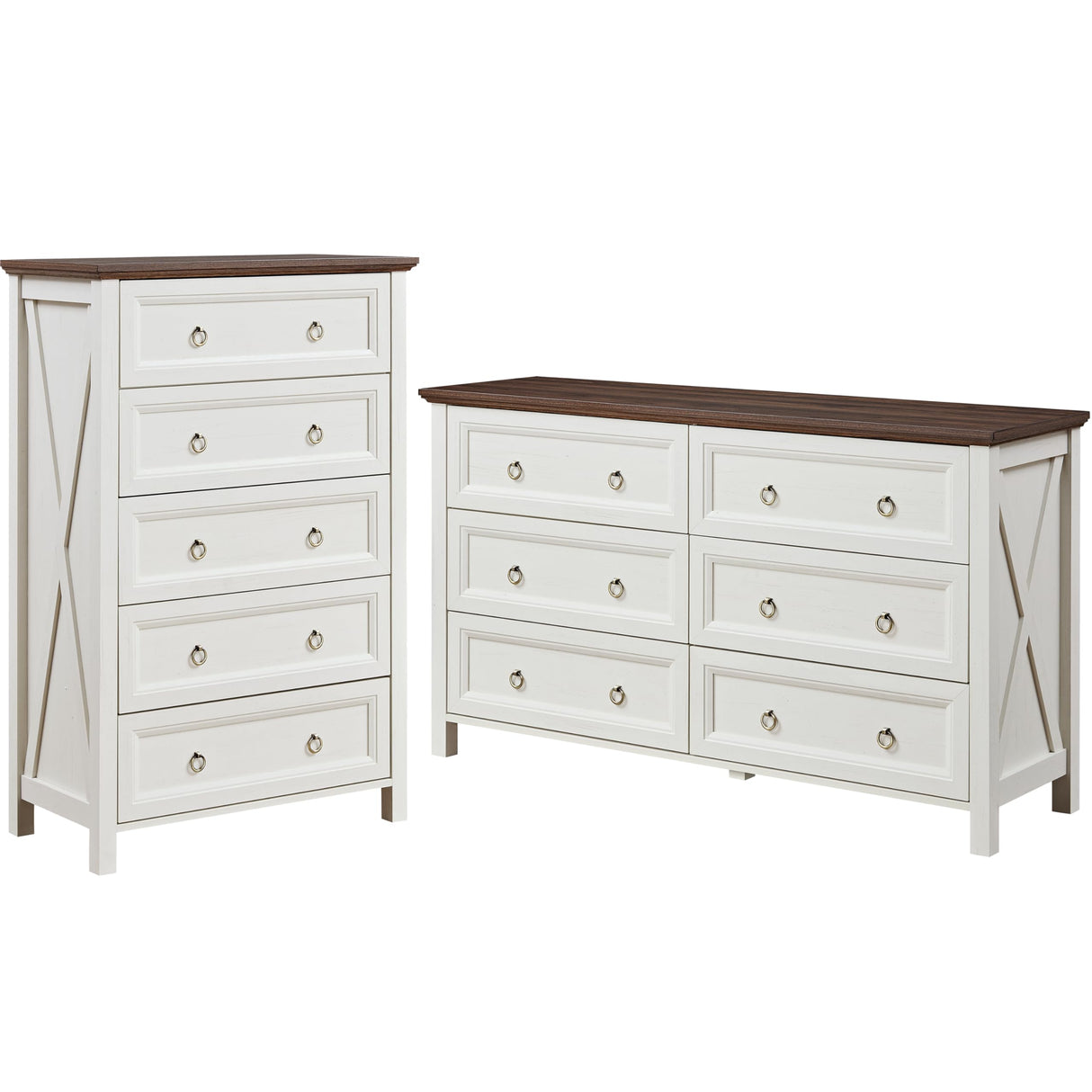 OKYCI Farmhouse Dresser Set for Bedroom,Includes Tall 5 Drawer Dressers & Double 6 Drawer Dresser, Antique White OKYCI