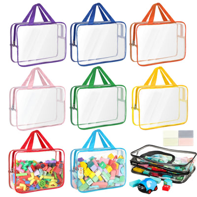 9 Packs Toy Storage Bags with Labels, Large PVC Reusable Board Game Storage Containers Clear Zipper Pouches Waterproof Travel Organizer Bags for Building Blocks, Puzzle, Kids Books, Stationery, Makeup