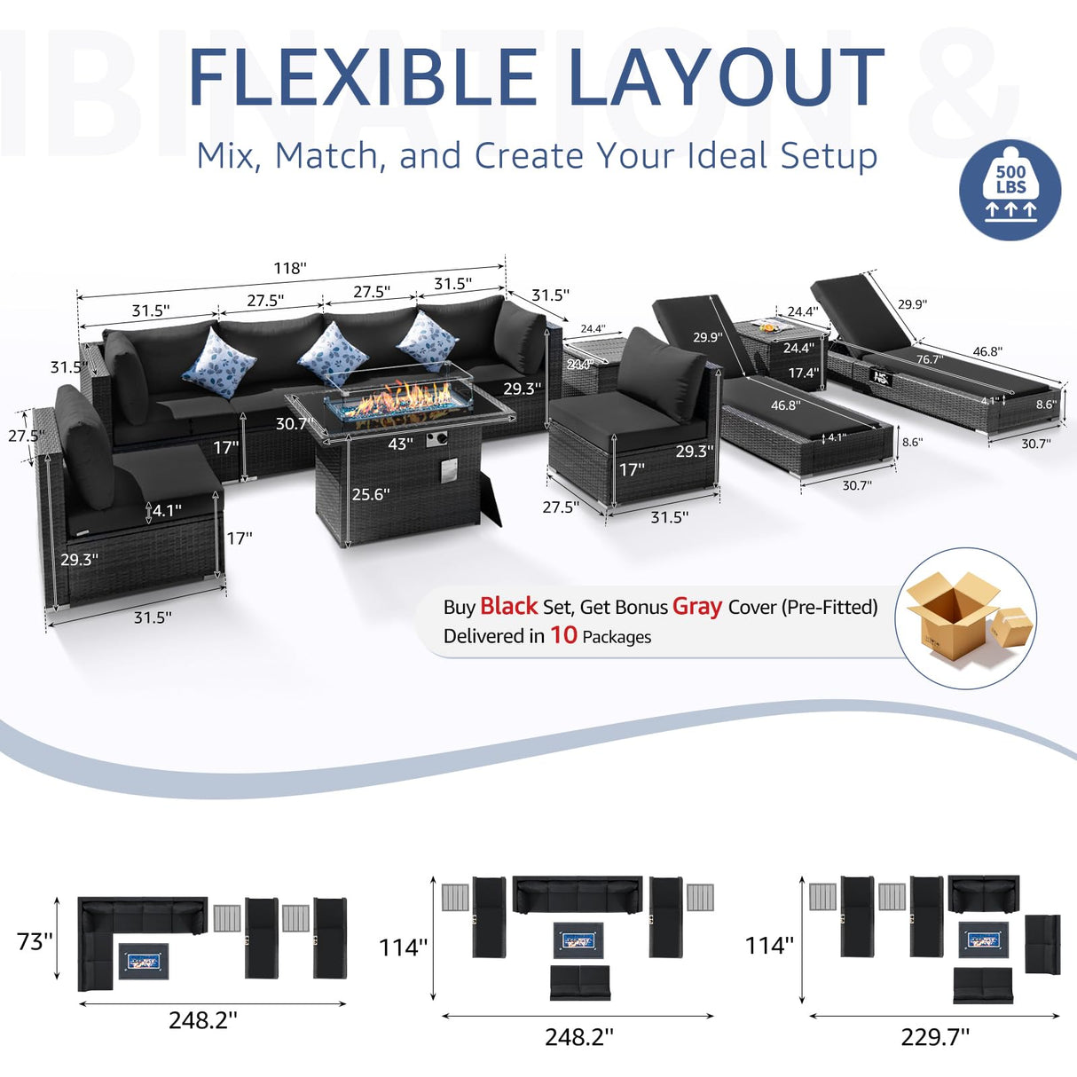 NICESOUL 11 Piece Outdoor Patio Conversation Set with Fire Pit Natural Gas/Propane, 29.3'' High Back Sectional Furniture w/Chaise Lounge, Deep Large Seating Sofa Couch, 2 Color Cushion Black & Gray NICESOUL