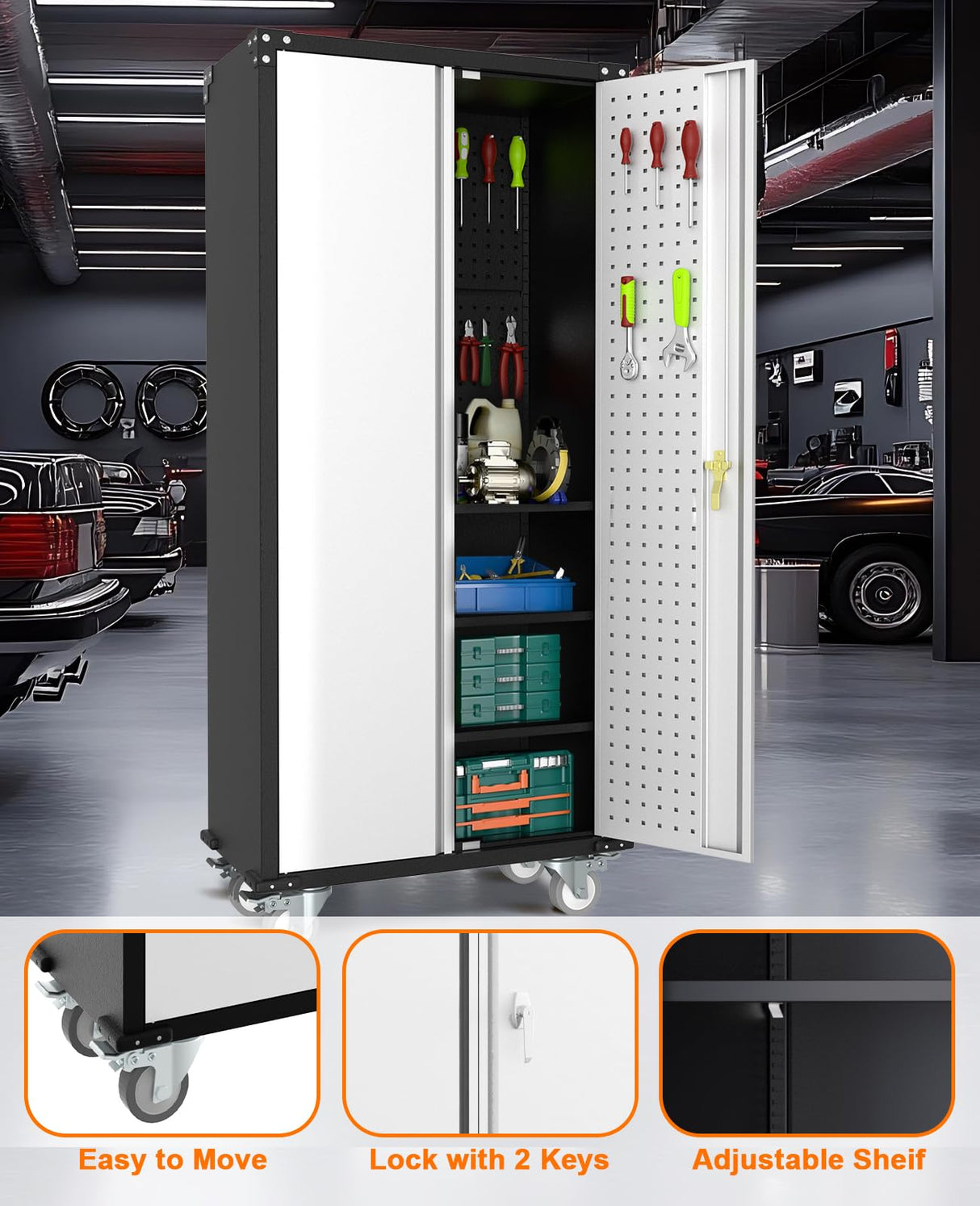 GarveeHome 72 in Steel Rolling Tool Cabinet with Lock | Heavy-Duty Garage Storage w/ 4 Adjustable Shelves & Pegboard | Industrial Organizer for Workshop Home GarveeHome