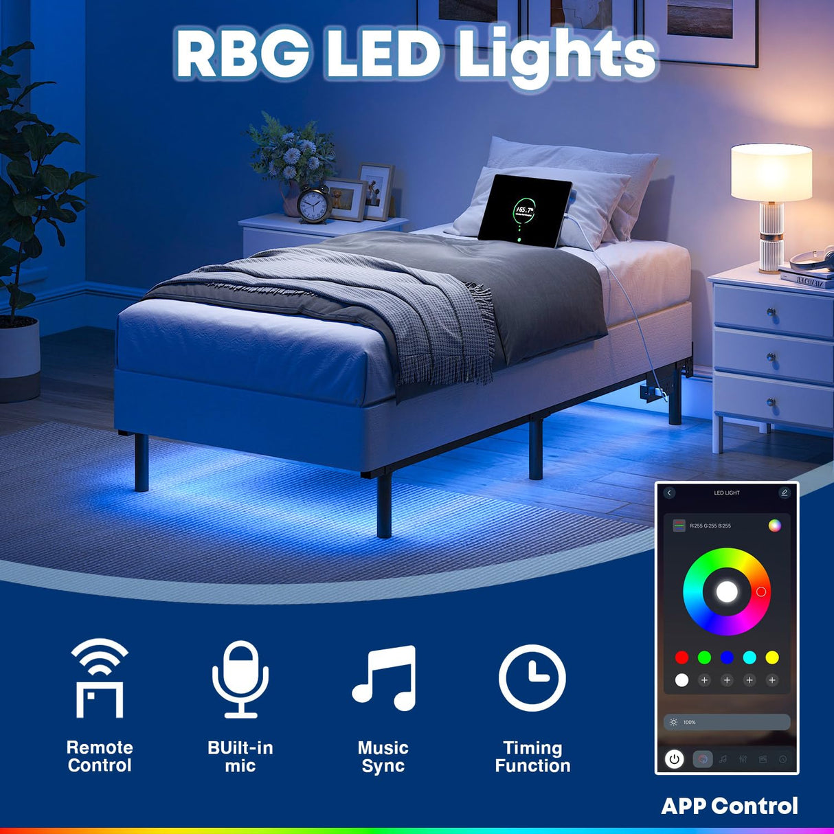 QEROMY Twin Bed Frame for Box Spring, 7 Inch Metal Bed Frame with LED Lights, 9-Legs Support Bed Base, Tool-Free Easy Assembly QEROMY