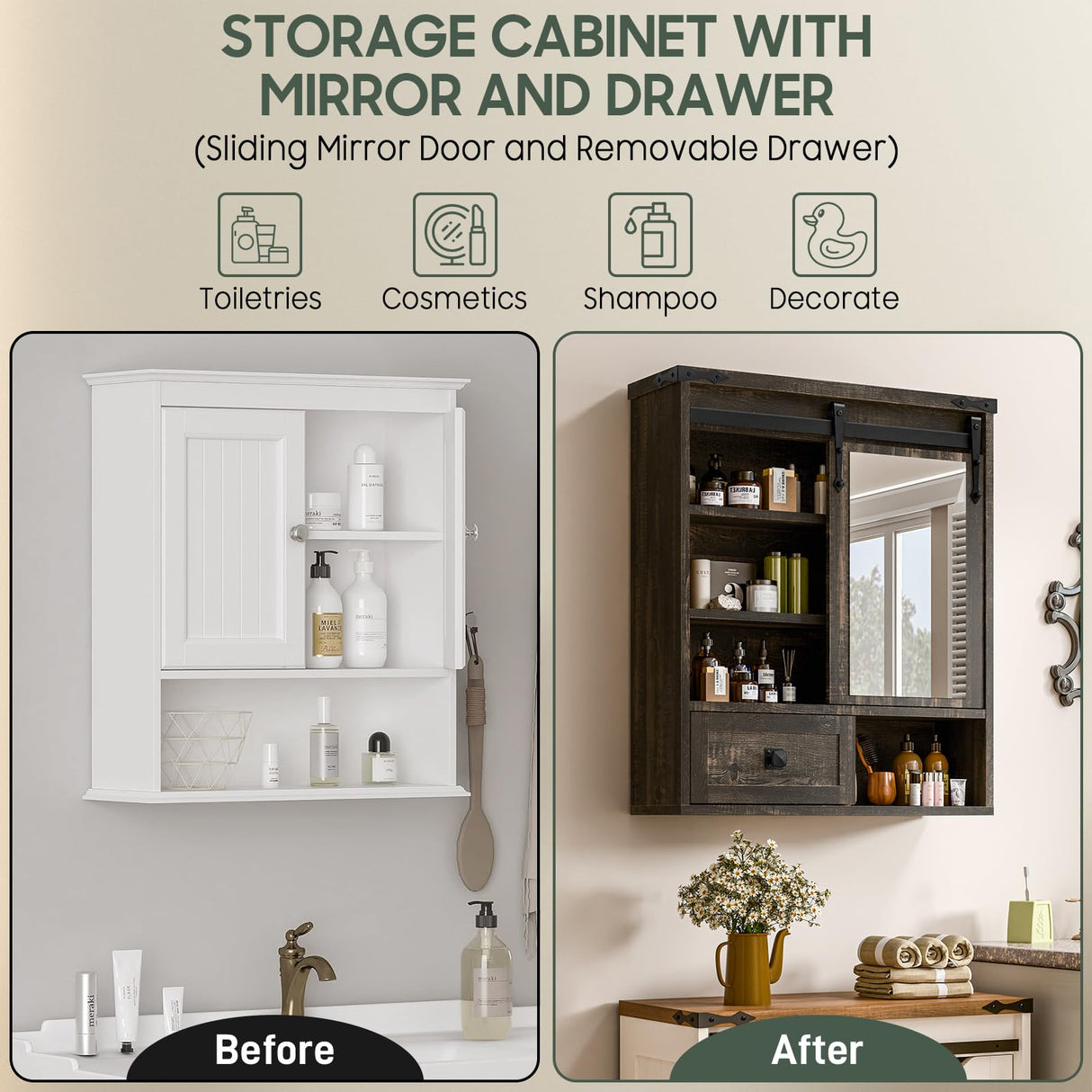 Bathroom Wall Cabinet, Farmhouse Medicine Cabinet with Sliding Mirror Door and Adjustable Shelves, Over The Toilet Space Saver Storage Cabinet with Towels Bar, Wall Mounted Cupboard Vabches