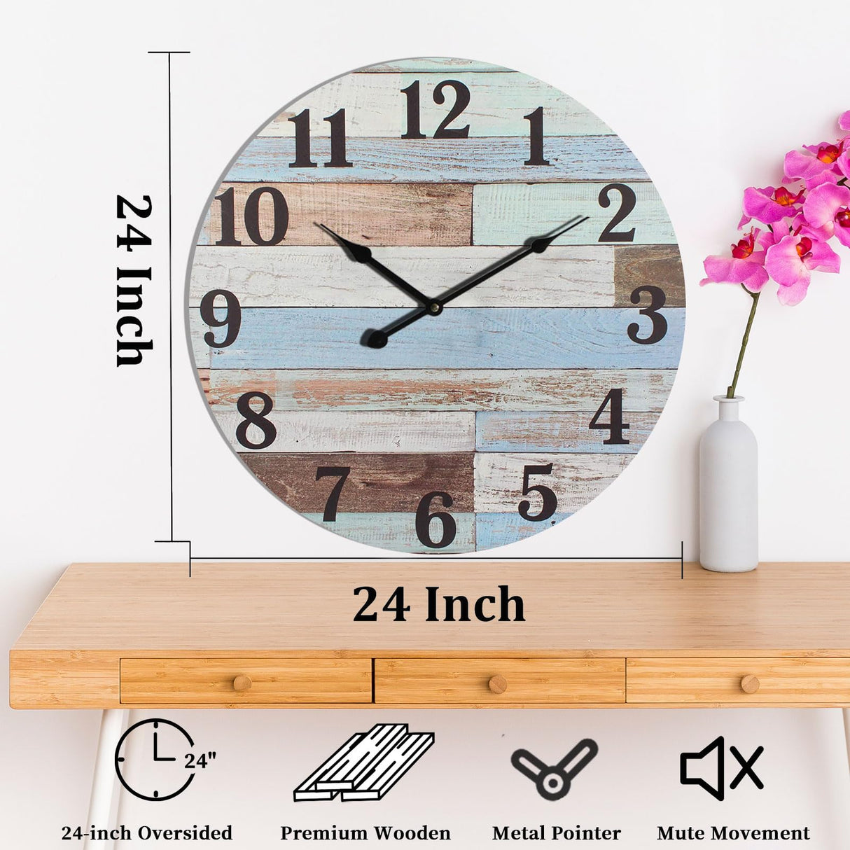 Eruner 24 Inch Blue Woodgrain Shiplap Wall Clocks for Living Room Decor, Large Farmhouse Wall Clock,Coastal Beach Nautical Style,House Warming Gifts New Home Eruner