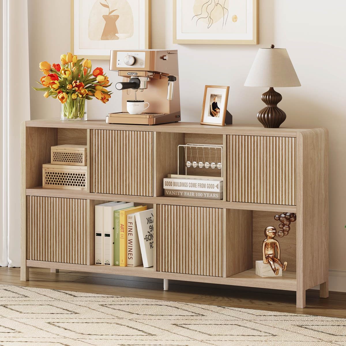 FATORRI 8 Cube Bookshelf with 4 Doors, Modern Mid Century Wood Book Shelf with Storage, Low Horizontal Cubby Bookcase for Home Office (Light Walnut) FATORRI