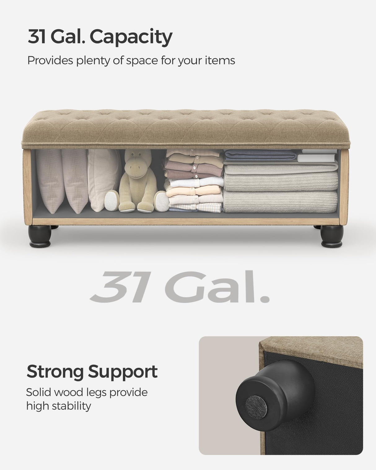 SONGMICS Storage Ottoman, Storage Bench, Tufted Entryway Bedroom Bench, 17.7 x 46.5 x 17.7 Inches, Hinges Easy Lid Operation, Wooden Legs, Linen-Look Cover, Loads 330 lb, Camel Brown ULOM070K01 SONGMICS