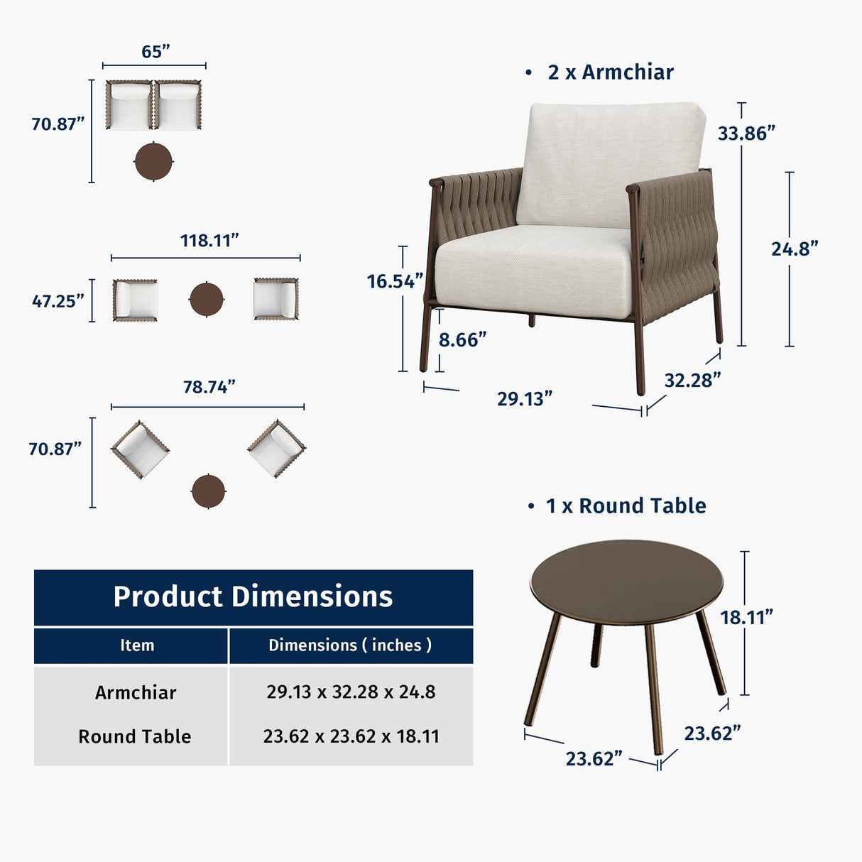 EAST OAK 3-Piece Patio Furniture Set | Armchairs & Coffee Table | Outdoor Furniture with Cushions | Deep Seating Modern Conversation Set | Garden, Porch, Balcony & Backyard | Chestnut & Apricot EAST OAK