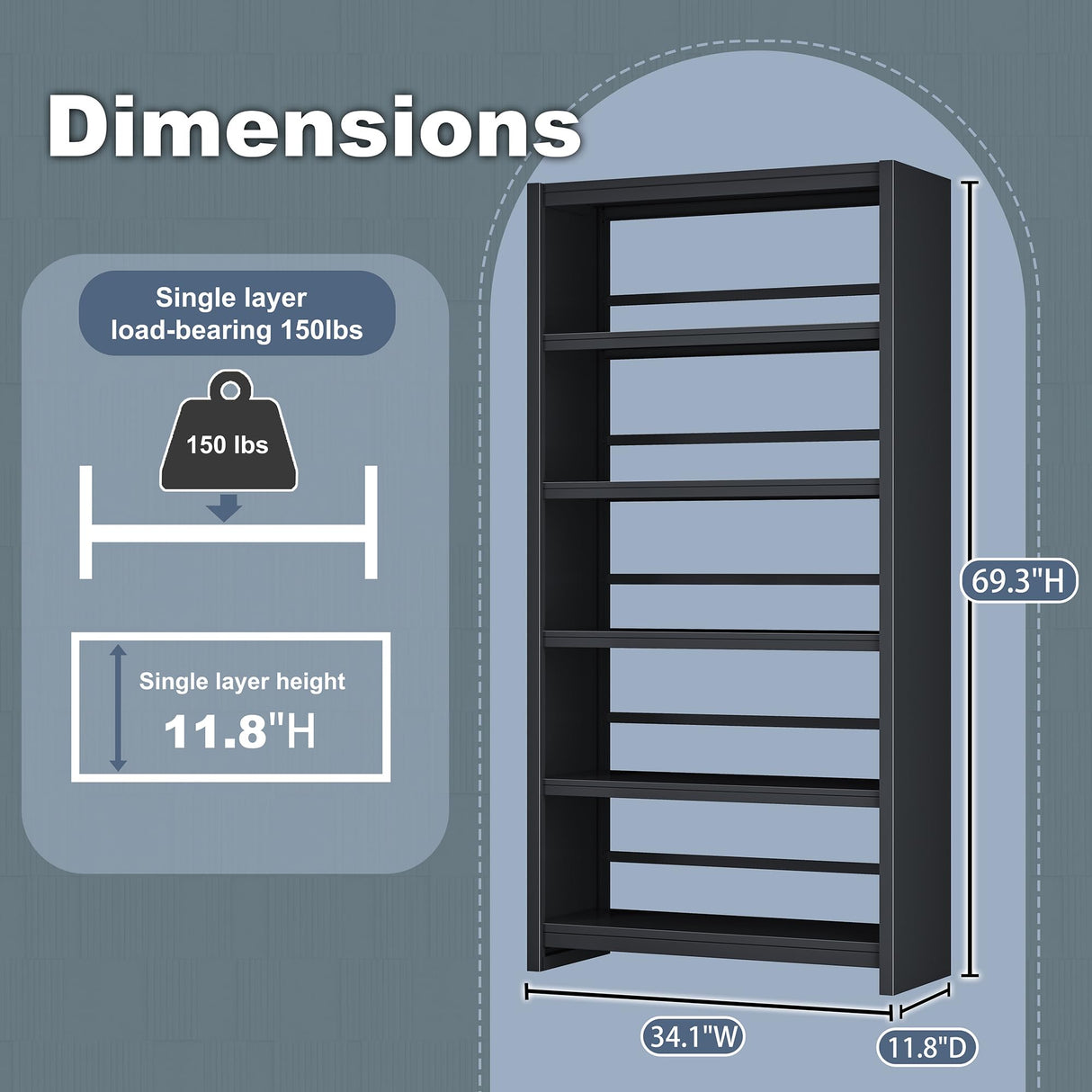 LyAosdFu Bookshelf, 5 Shelf Bookcases, Tall Bookcase for Heavy Books, CDs, Movies, Garage Kit, Modern Display Shelf for Library Home Office Bderoom Living Room, Metal Bookshelves Industrial Black LyAosdFu