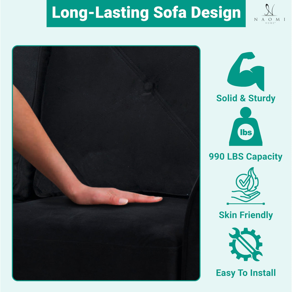 Naomi Home Raelynn Button Tufted Sofa Affordable Black Modern Sofa - Microfiber Couch for Small Spaces Sofa Cama para Sala Modernos Baratos - Durable Sturdy Living Room Furniture Tool-Free Assembly Naomi Home