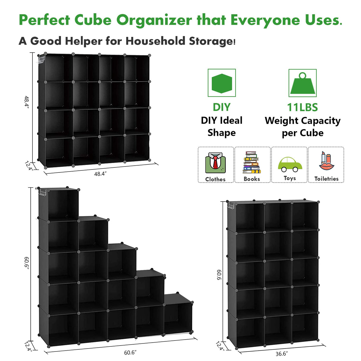 C&AHOME Cube Storage Organizer, 16-Cube Shelves Units, Plastic Storage Cubes, DIY Closet Organizer, Modular Closet Storage Shelves Ideal for Home, Bedroom, 48.4" L × 12.4" W × 48.4" H Black SUM3016H C&AHOME
