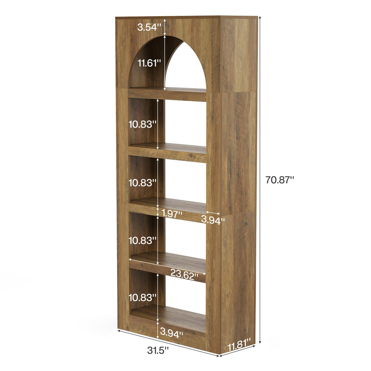 LITTLE TREE 5-Tier Arched Bookshelf, 70.8 Inches Modern Wooden Bookcase, Open Display Storage Shelf Organizer for Living Room, Home Office, Bedroom, Light Brown LITTLE TREE