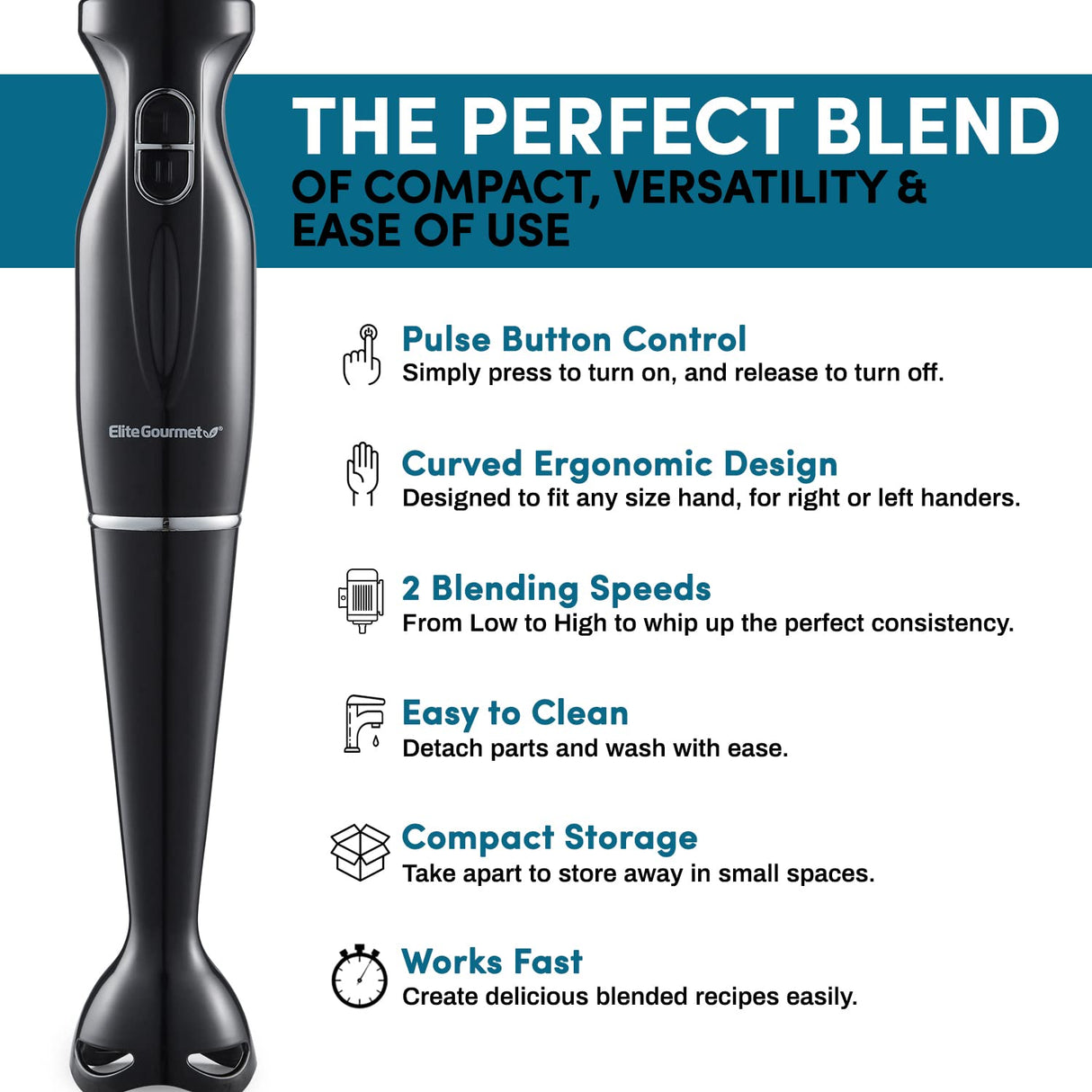 Elite Gourmet EHB3201 Immersion Hand Blender 300 Watts 2 Speed Mixing with Detachable Blades, Detachable Wand Stick Mixer, Smoothies, Baby Food, Soup, Charcoal Black Elite Gourmet