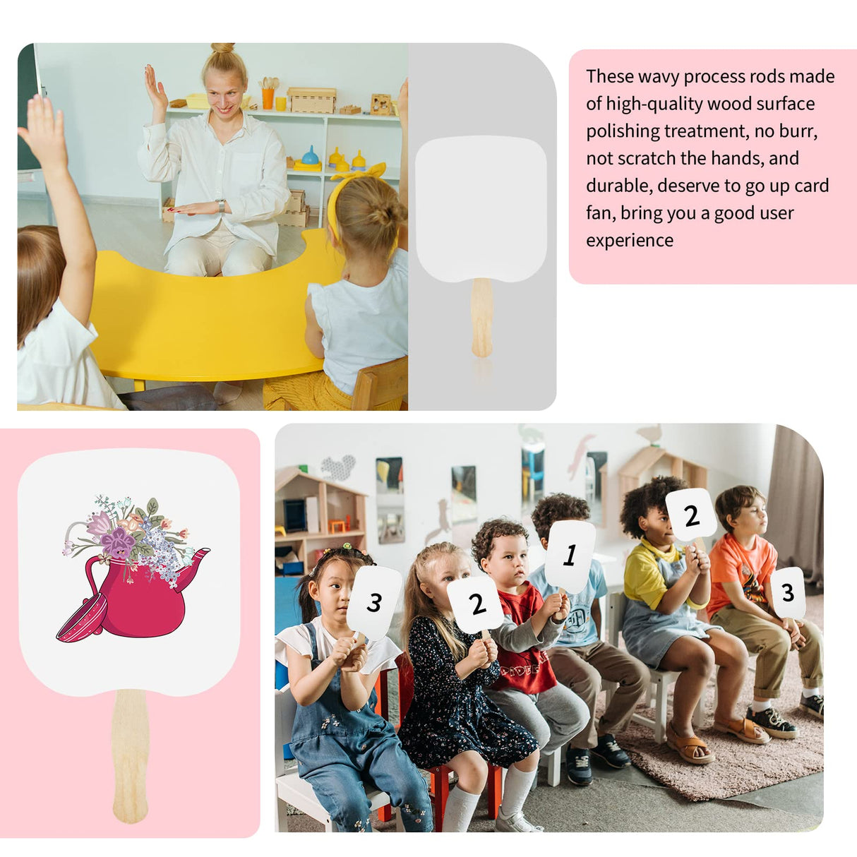 Fansunta 30 Pieces Church Fans Handheld Set, Including Fan Handle Craft Sticks Wavy Wooden Sticks, Blank White Cardstock, Double Sided Tape Church Fans for DIY Crafting Painting Fansunta