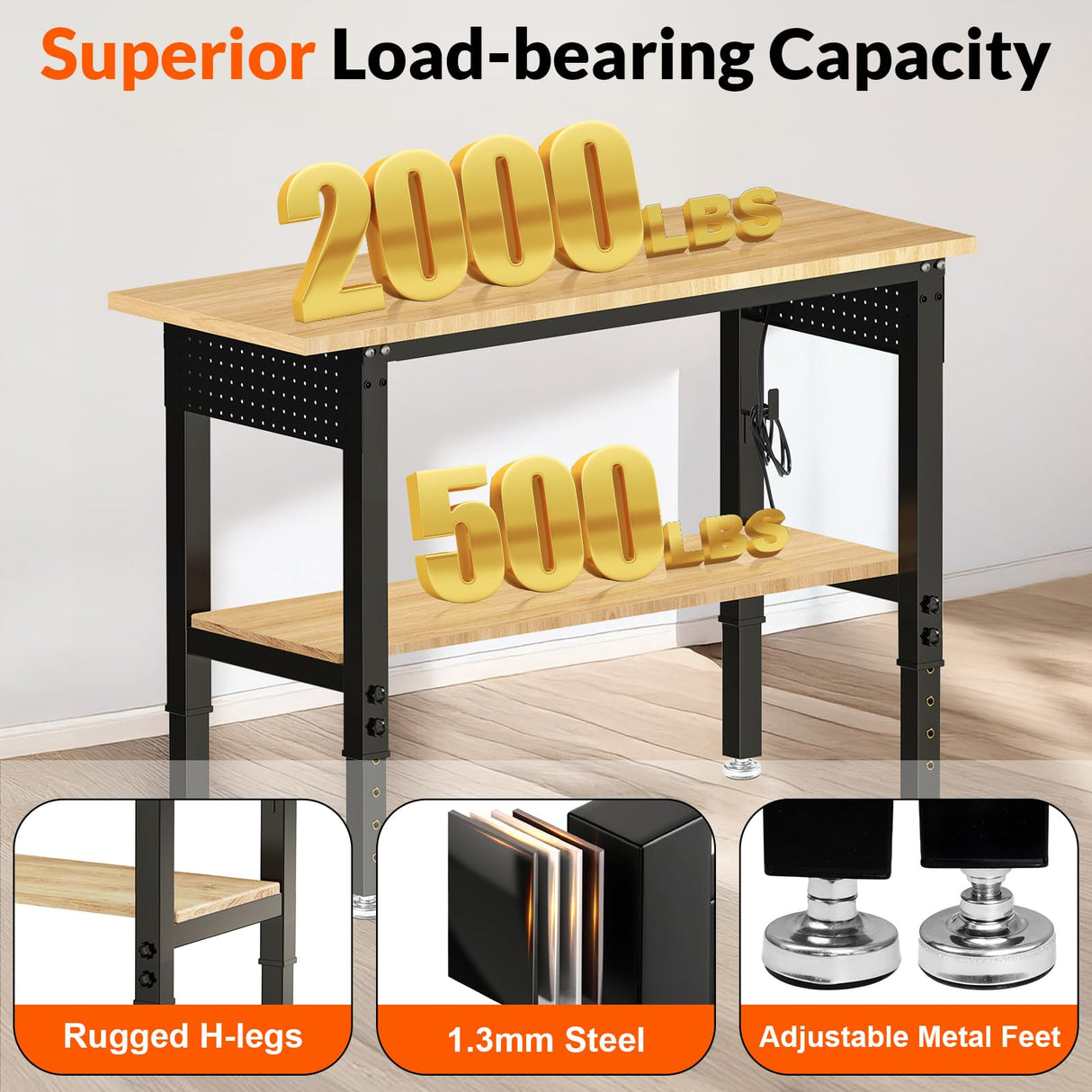 MUWOOD Adjustable Height Work Bench 48×24 Workbench for Garage with Under Table Shelf Heavy Duty Rubber Wood Work Table for Shop Woodworking, Office, Home, Commercial MUWOOD