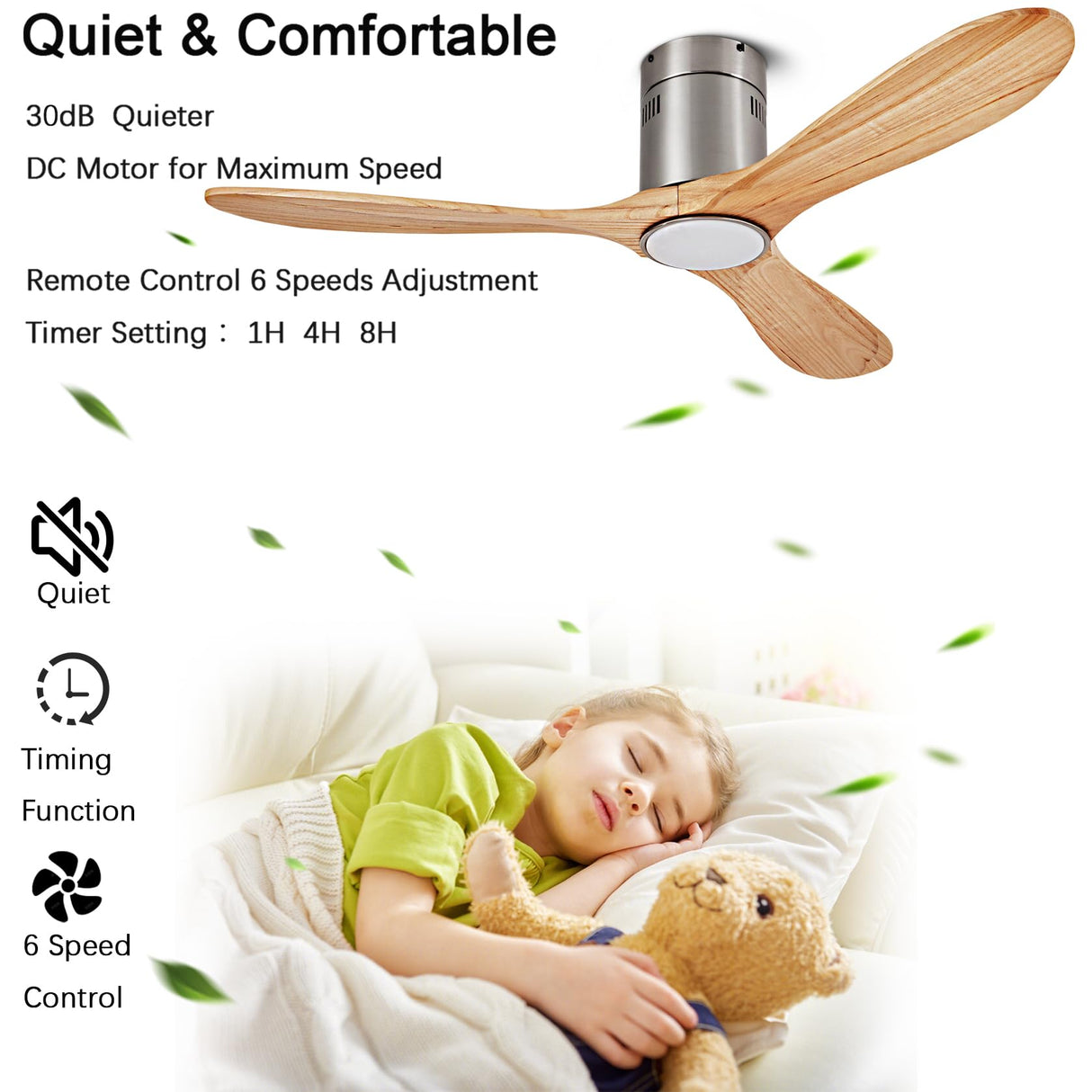 52” Ceiling Fan with Light with 6 Speed Remote/APP Control, Solid Wood Fan Blade, 3CCT Dimmable LED, Noiseless, Bedroom, Hallway Recessed Ceiling Fan dearnow