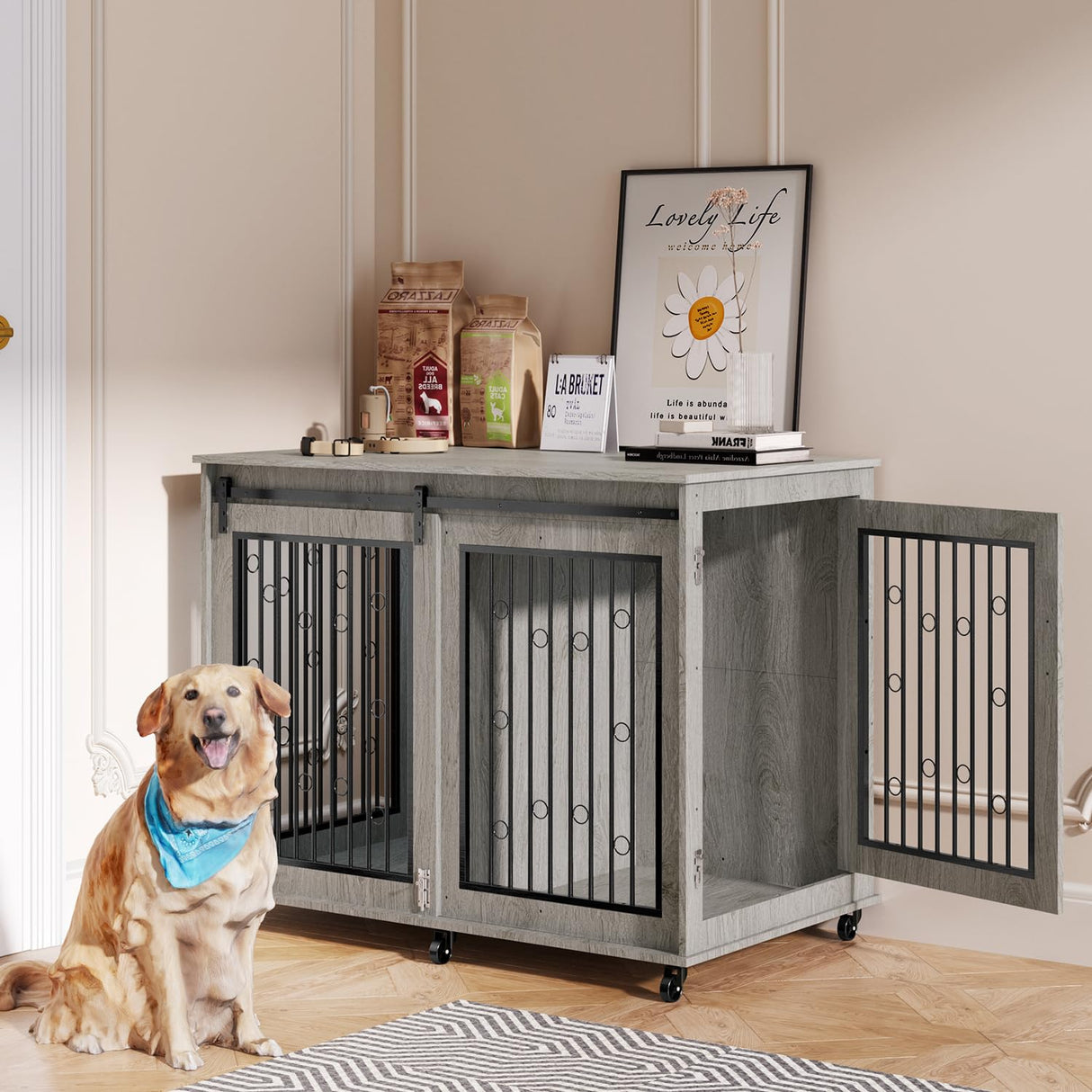 IchbinGo Large Dog Crate Furniture, 47" Wooden Dog Kennel with Sliding Barn Door, Flip-Top Lid & Wheels, Indoor Pet Crate Table with Detachable Divider for Small/Medium/Large Dogs (Rustic Grey) IchbinGo
