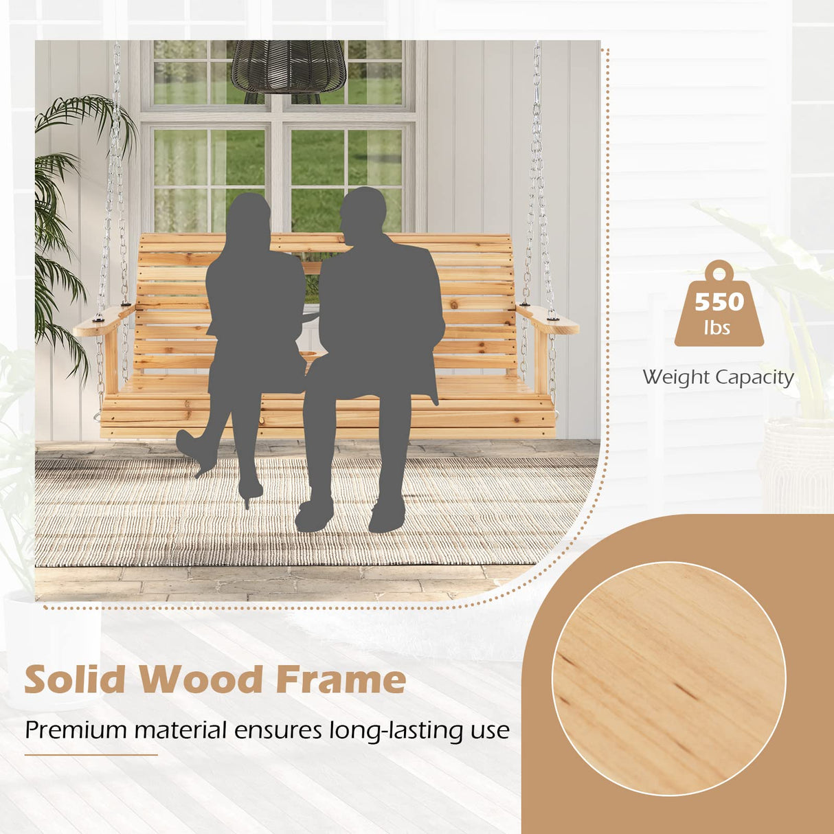 Giantex Outdoor Hanging Porch Swing - 2-Seat Wood Swing Bench with Folding Cup Holder and Sturdy Metal Hanging Chains, Outside Patio Swing Chair for Garden, Backyard, Poolside, Natural Giantex