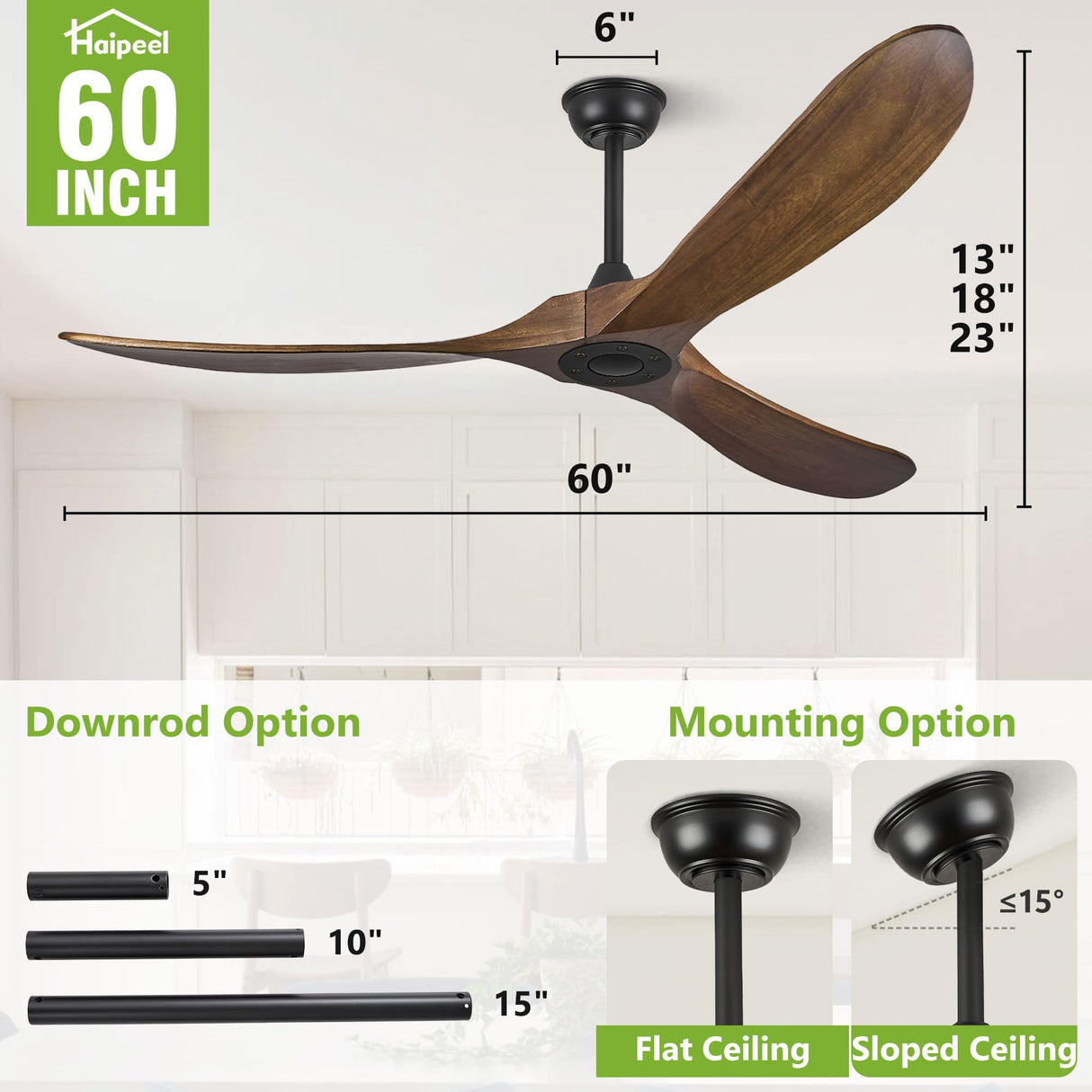 Haipeel 60" Wood Ceiling Fan no Light, 60 Inch Ceiling Fans without Lights with Remote Control, Indoor Outdoor Ceiling Fan no Light for Bedroom Porch Modern Propeller 3 Blade ETL DC Motor, Dark Walnut Haipeel