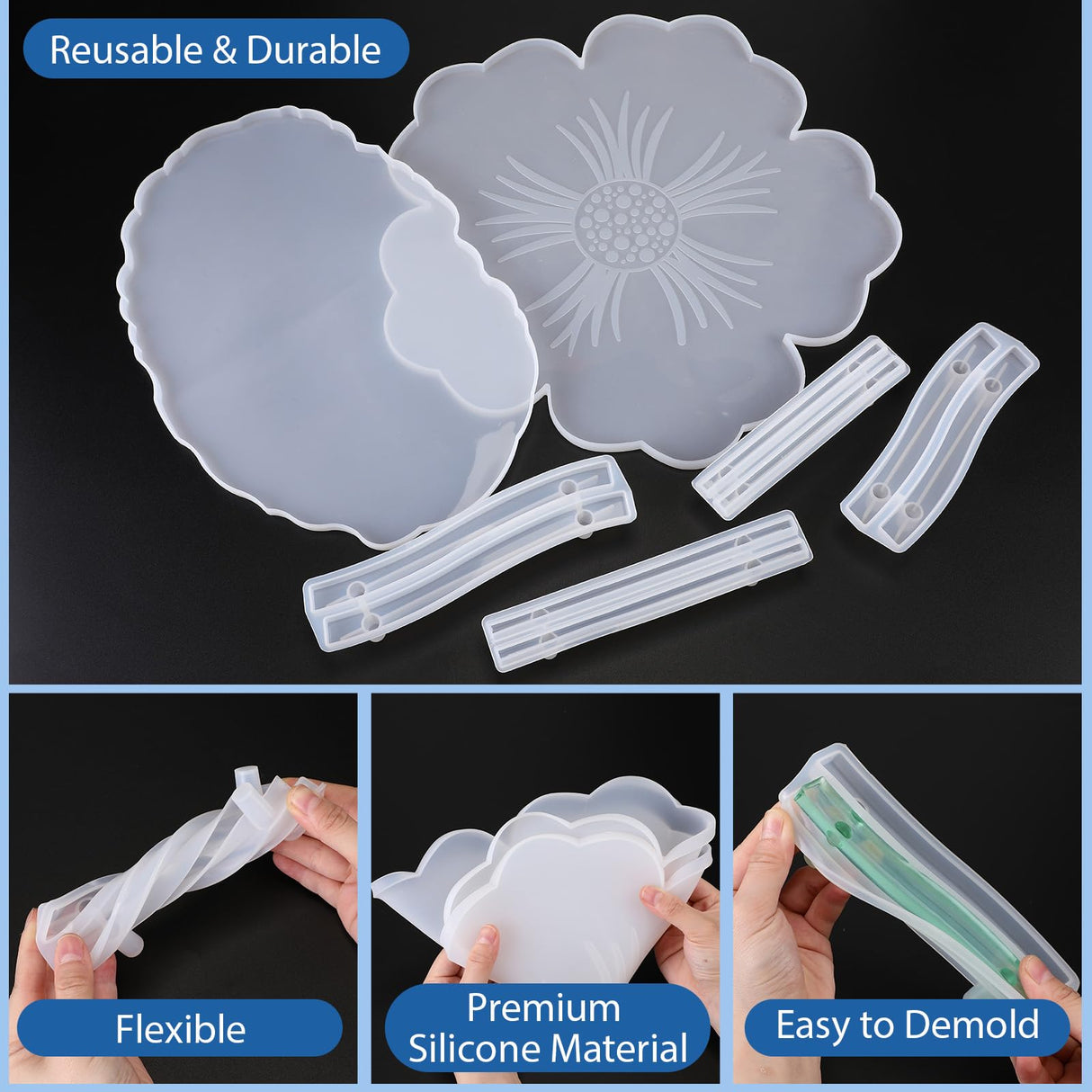 meekoo 2 Pcs Large Silicone Resin Tray Molds with 4 Pcs Handles Serving Tray Molds Resin Mold for Making Jewelry Plates Tea Coasters Art Craft Casting Supplies (Flower, Oval) meekoo
